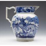 ANTIQUE ENGLISH PEARLWARE BLUE & WHITE CHINOISERIE HANDLED JUG LATE 18TH C.