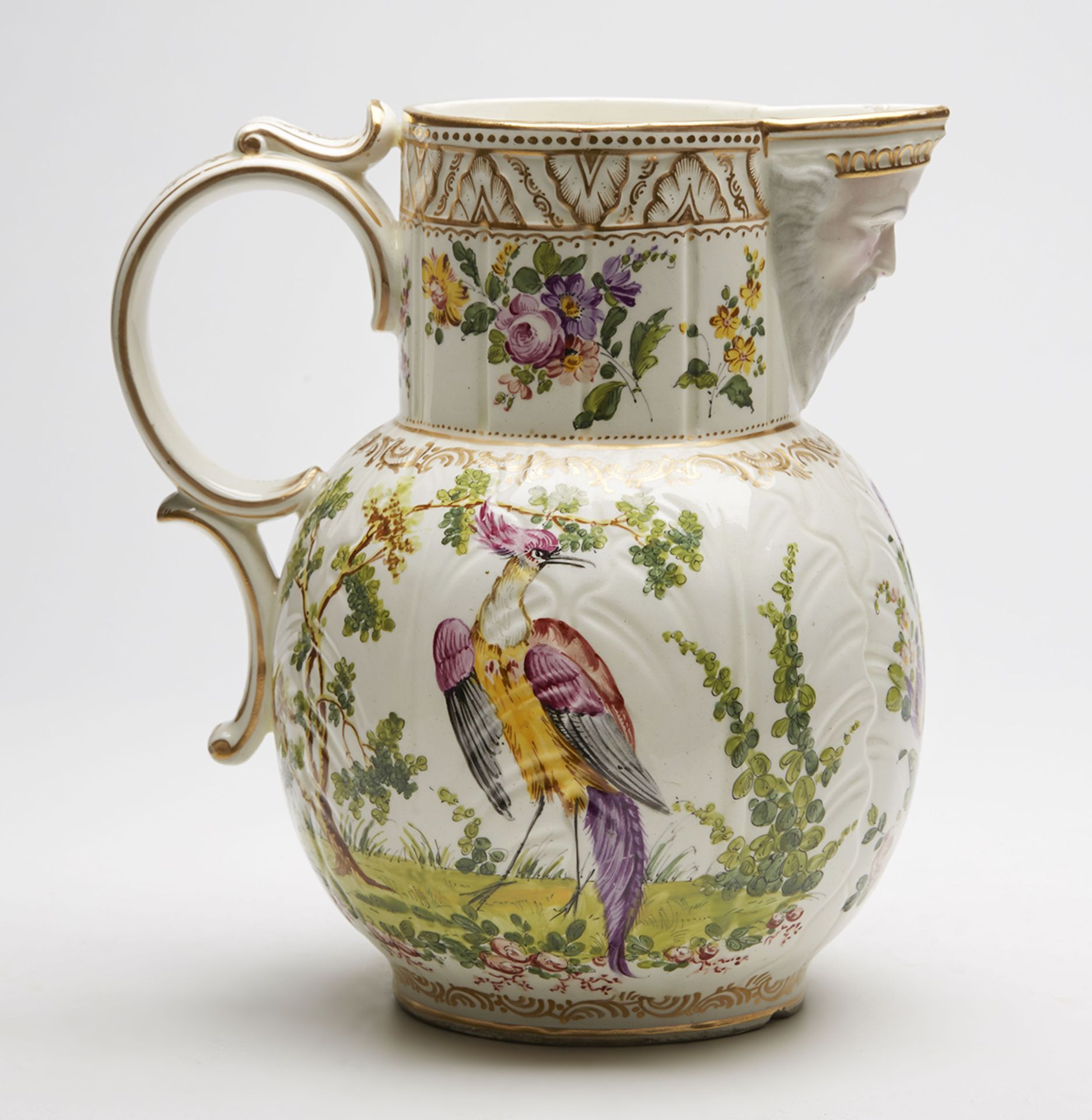 ANTIQUE CABBAGE LEAF MASK JUG WITH EXOTIC BIRDS 18/19TH C. - Image 4 of 9
