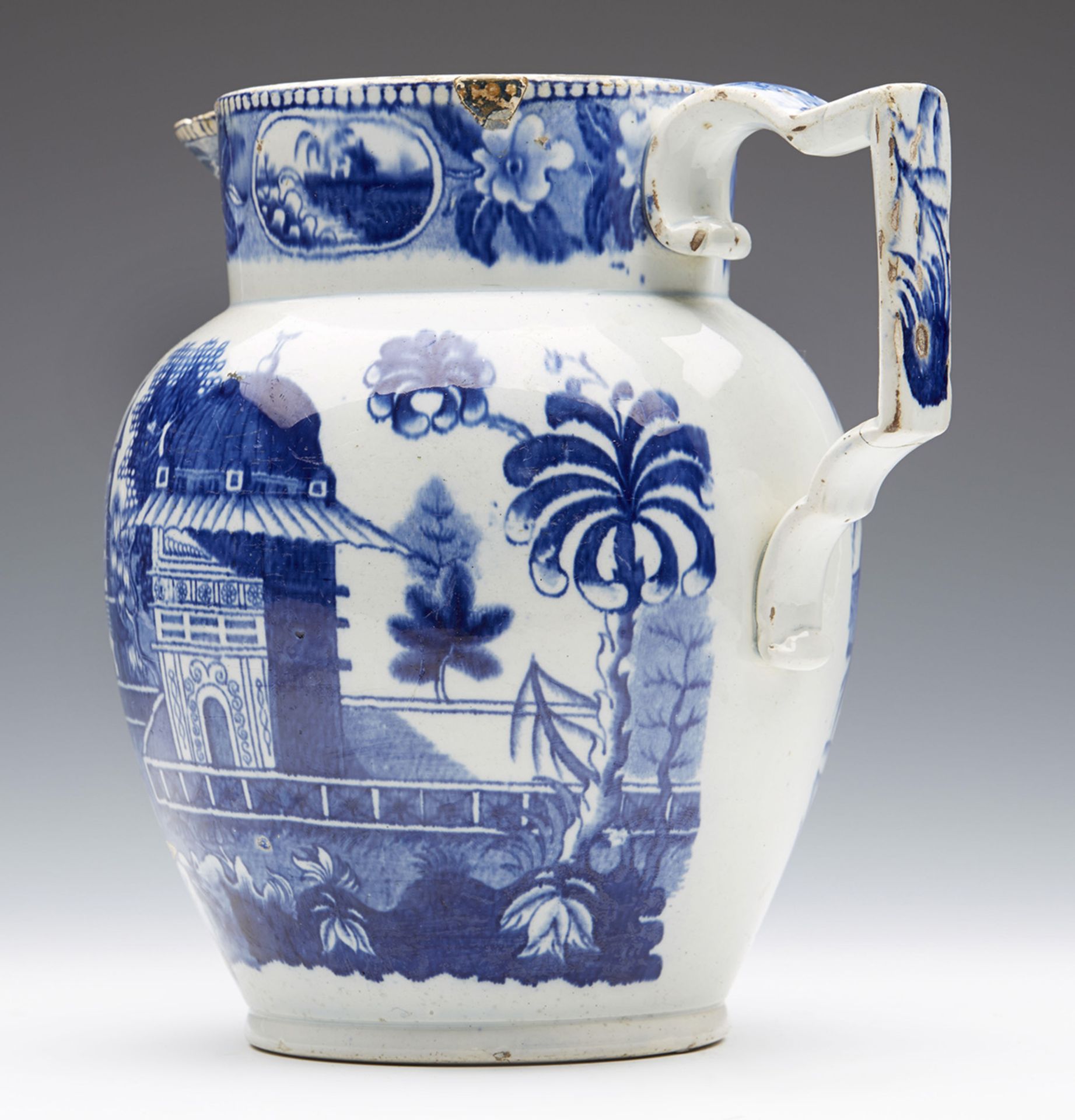 ANTIQUE ENGLISH PEARLWARE BLUE & WHITE CHINOISERIE HANDLED JUG LATE 18TH C. - Image 5 of 8