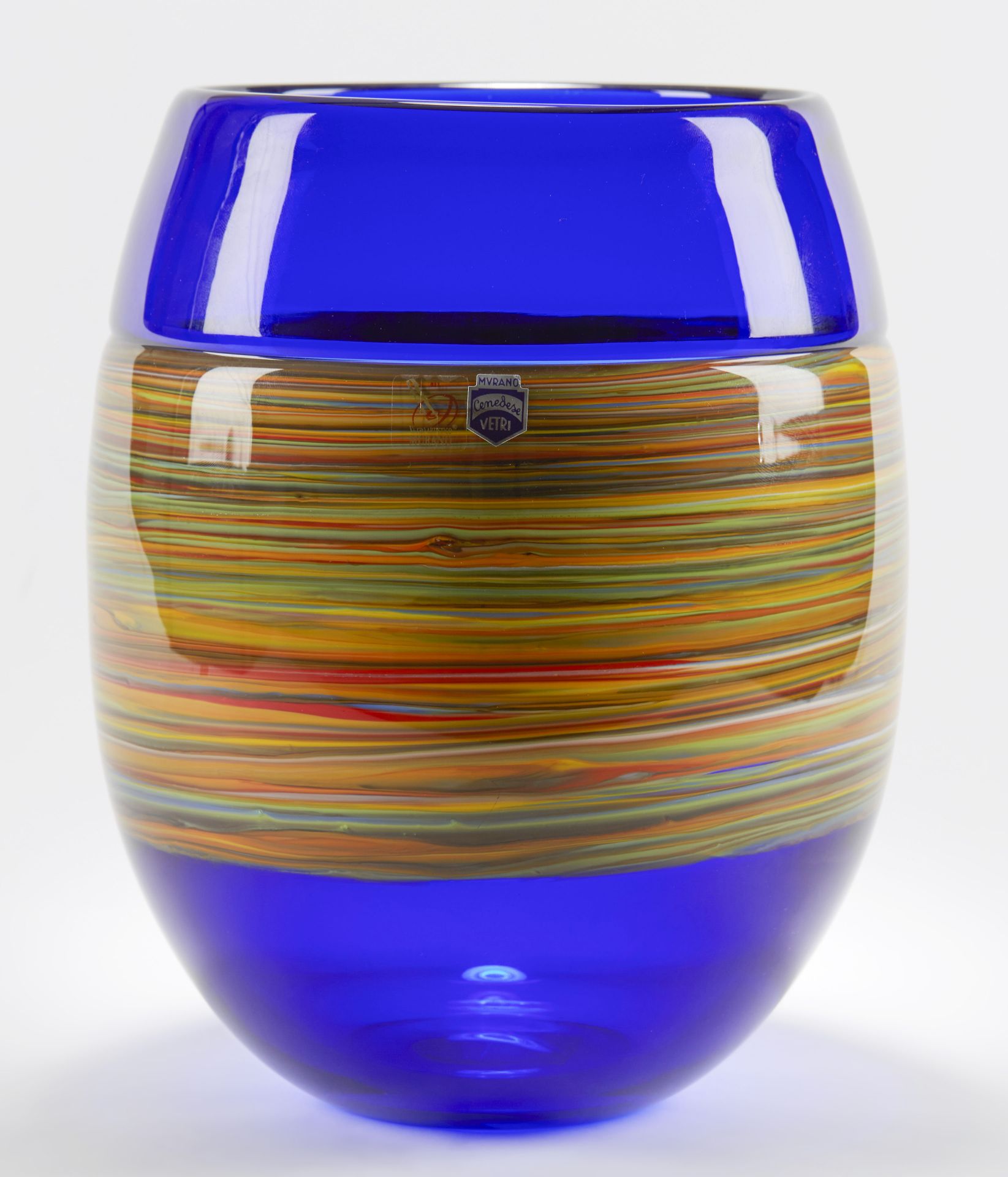Italian Murano Gino Cenedese Signed Swirl Design Blue Art Glass Vase
