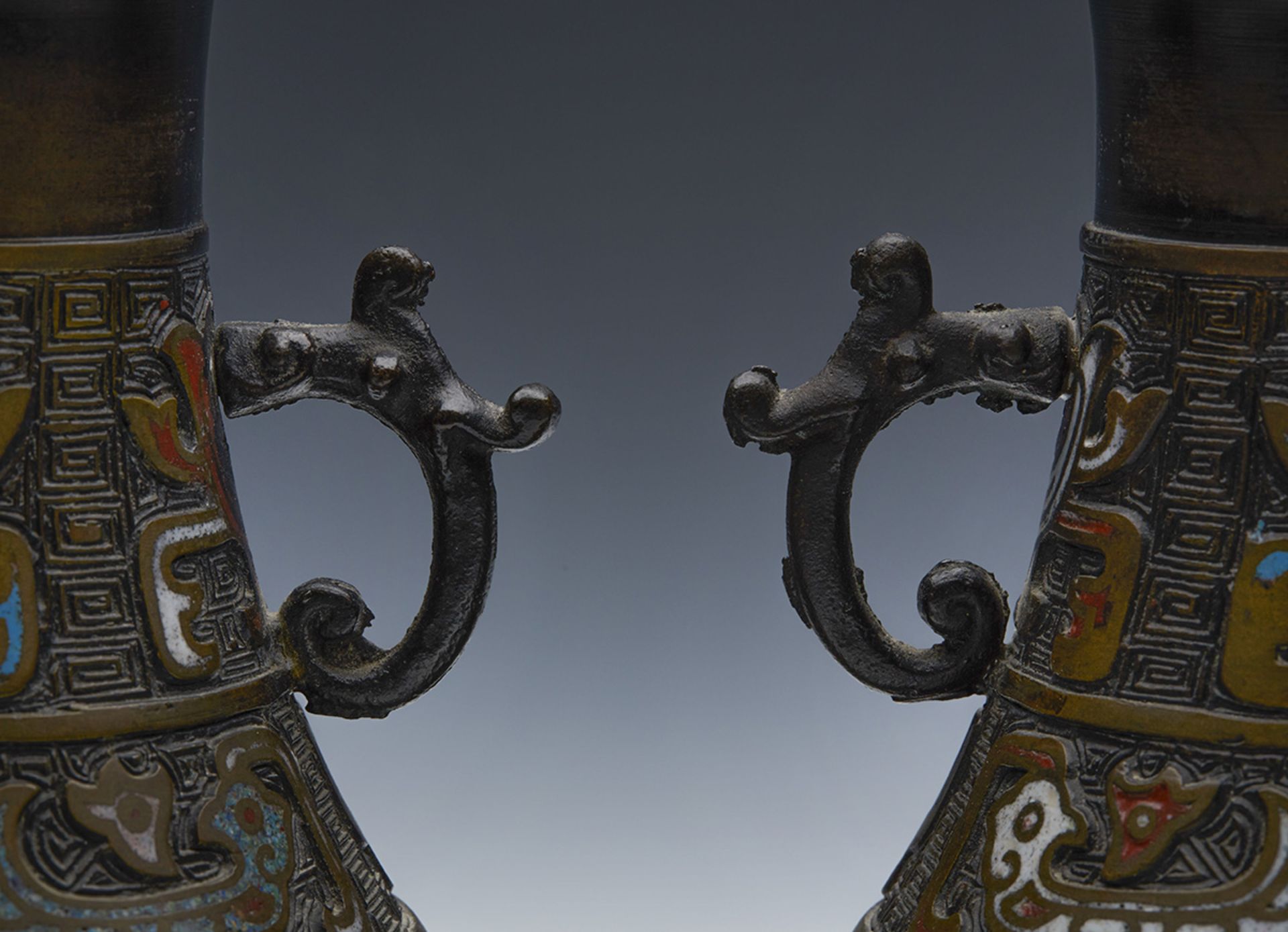 PAIR ANTIQUE CHINESE CHAMPLEVE ENAMEL BRONZE VASES 19TH C. - Image 5 of 8