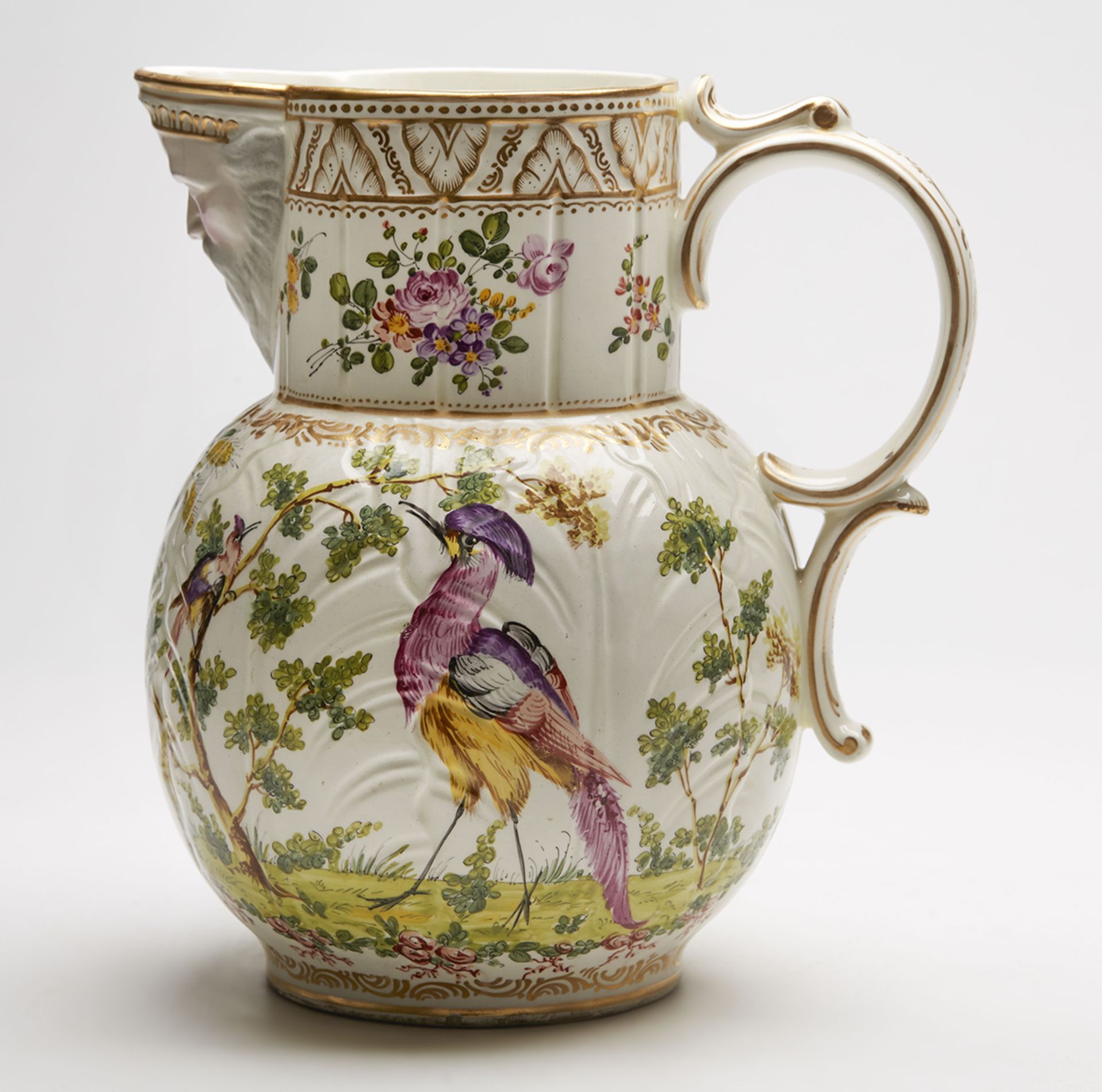 ANTIQUE CABBAGE LEAF MASK JUG WITH EXOTIC BIRDS 18/19TH C. - Image 2 of 9