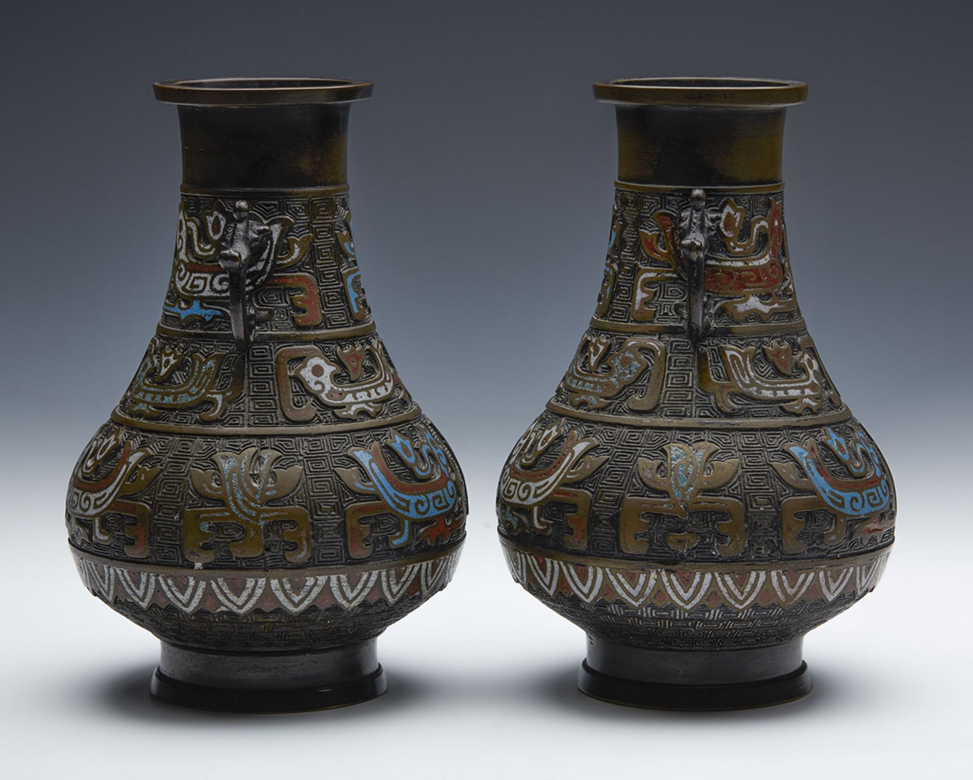 PAIR ANTIQUE CHINESE CHAMPLEVE ENAMEL BRONZE VASES 19TH C. - Image 3 of 8