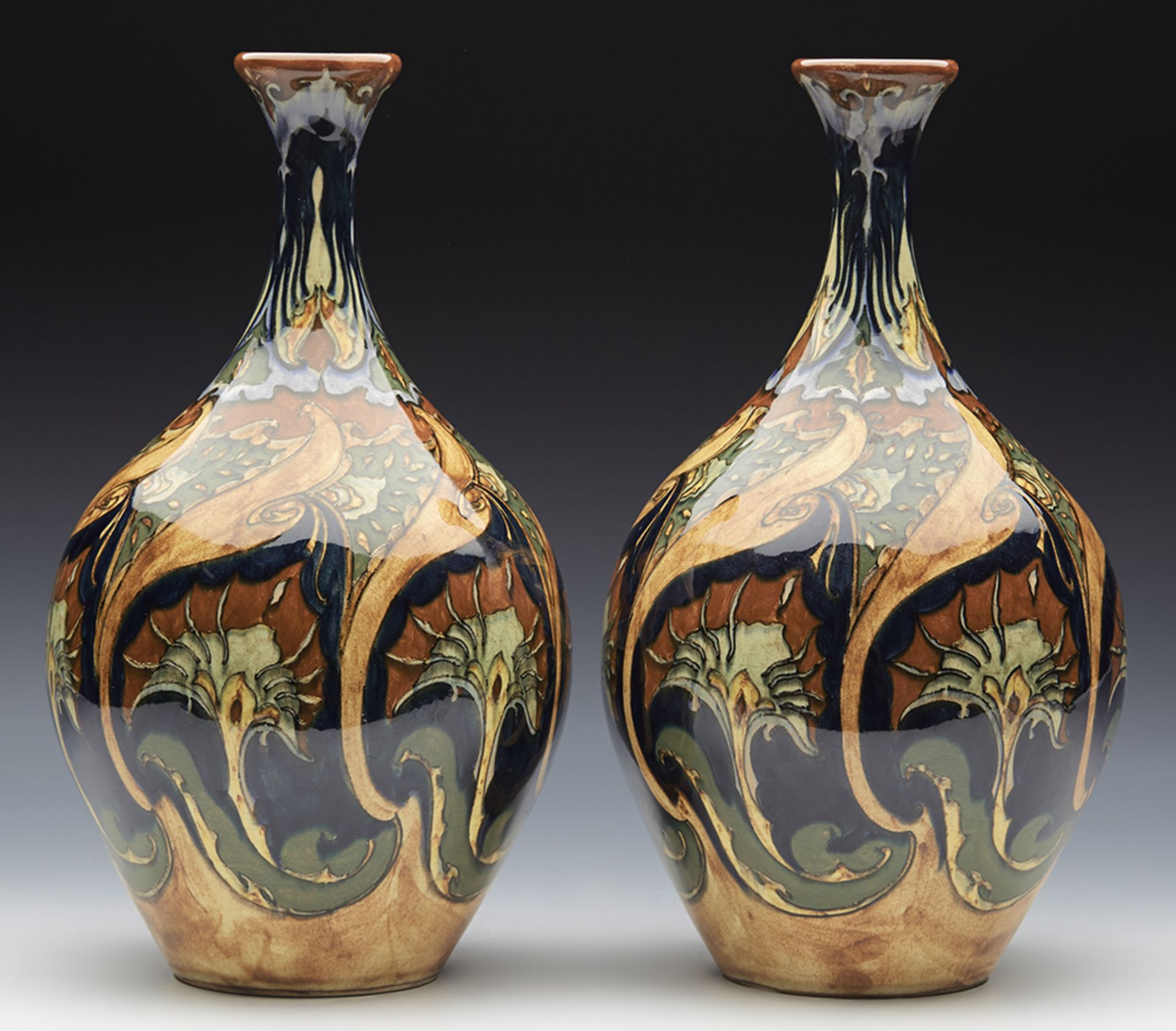 Pair Art Pottery Rozenburg Stylish Floral Design Vases 1896