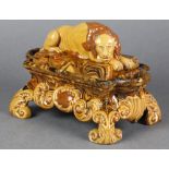 ANTIQUE REDWARE SLIPWARE LION MOUNTED INK STAND 18TH C.