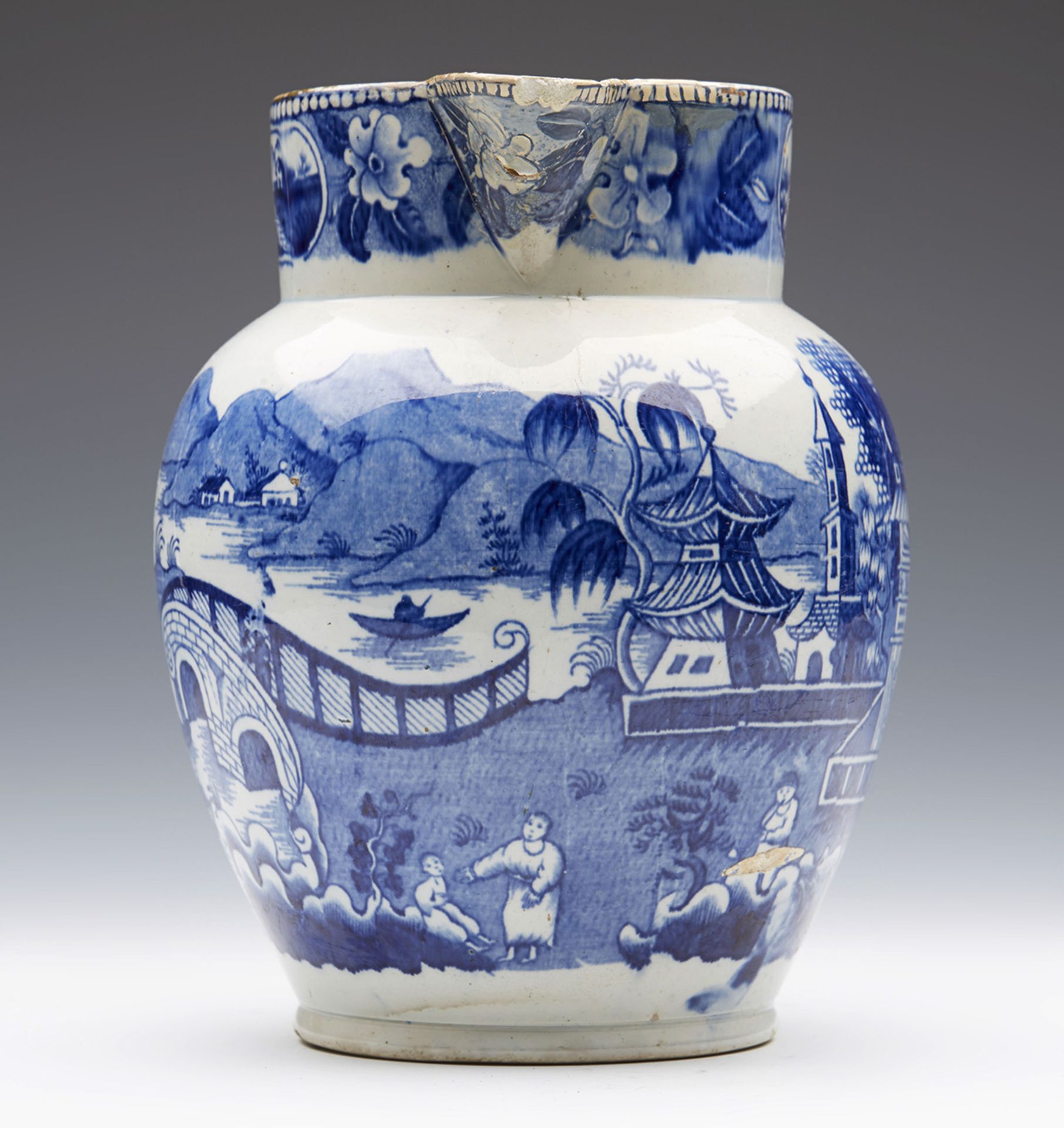 ANTIQUE ENGLISH PEARLWARE BLUE & WHITE CHINOISERIE HANDLED JUG LATE 18TH C. - Image 3 of 8