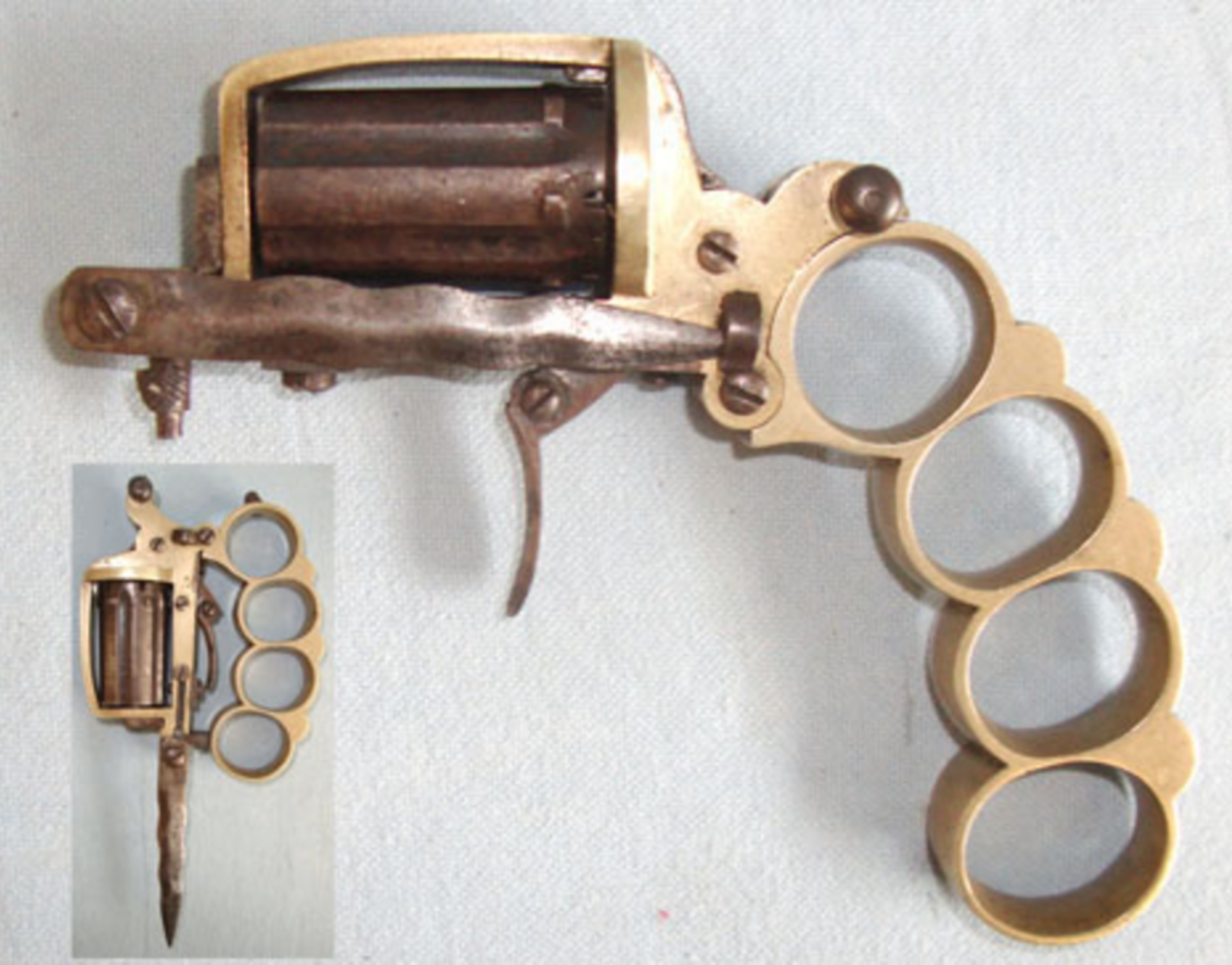 RARE C 1870 French ‘Apache’ 5 mm Pinfire Folding Brass & Steel Knuckle Duster & Dagger Revolver - Image 3 of 3