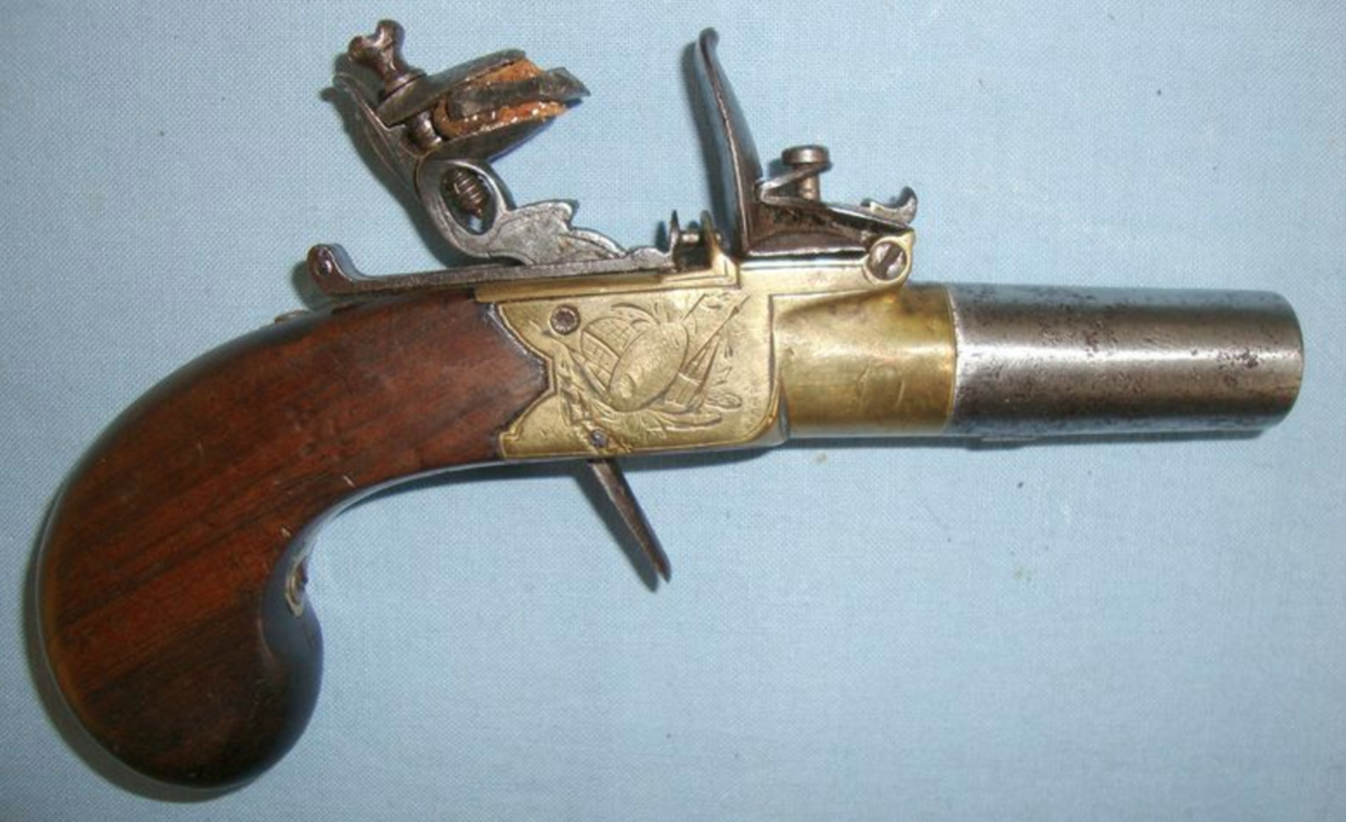 C1870 English, Brass Framed Flintlock Pocket Pistol With Screw Off Barrel