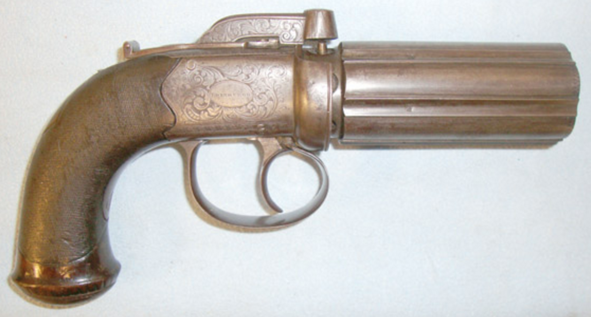 Scottish, 1837- 1869 .60" Bore Bar Hammer, 6 Shot Pepper Box Revolver By Harkom Edinburgh