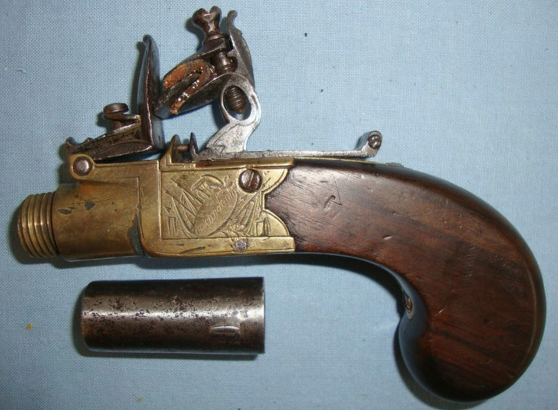 C1870 English, Brass Framed Flintlock Pocket Pistol With Screw Off Barrel - Image 3 of 3