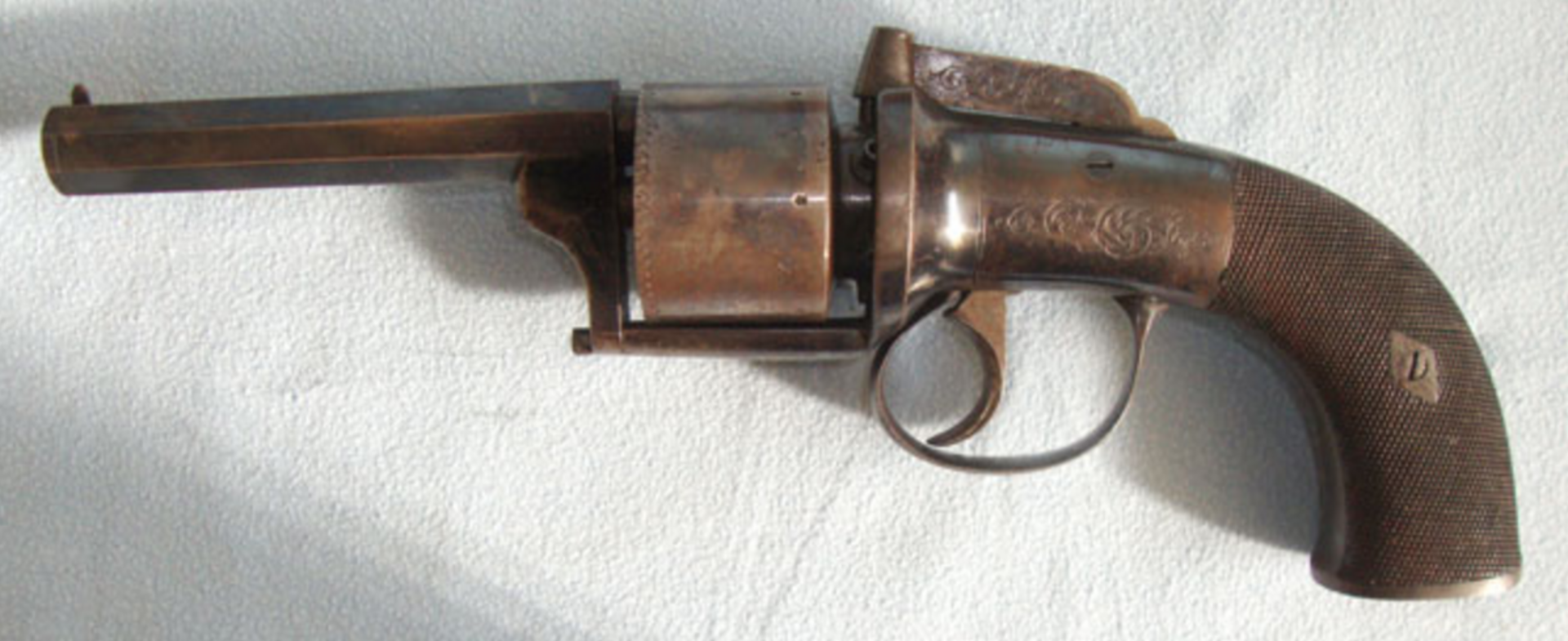 MINT, C1840, English Laird's Patent .44" Bore, Transitional 6 Shot Bar Hammer Percussion Revolver - Image 3 of 3