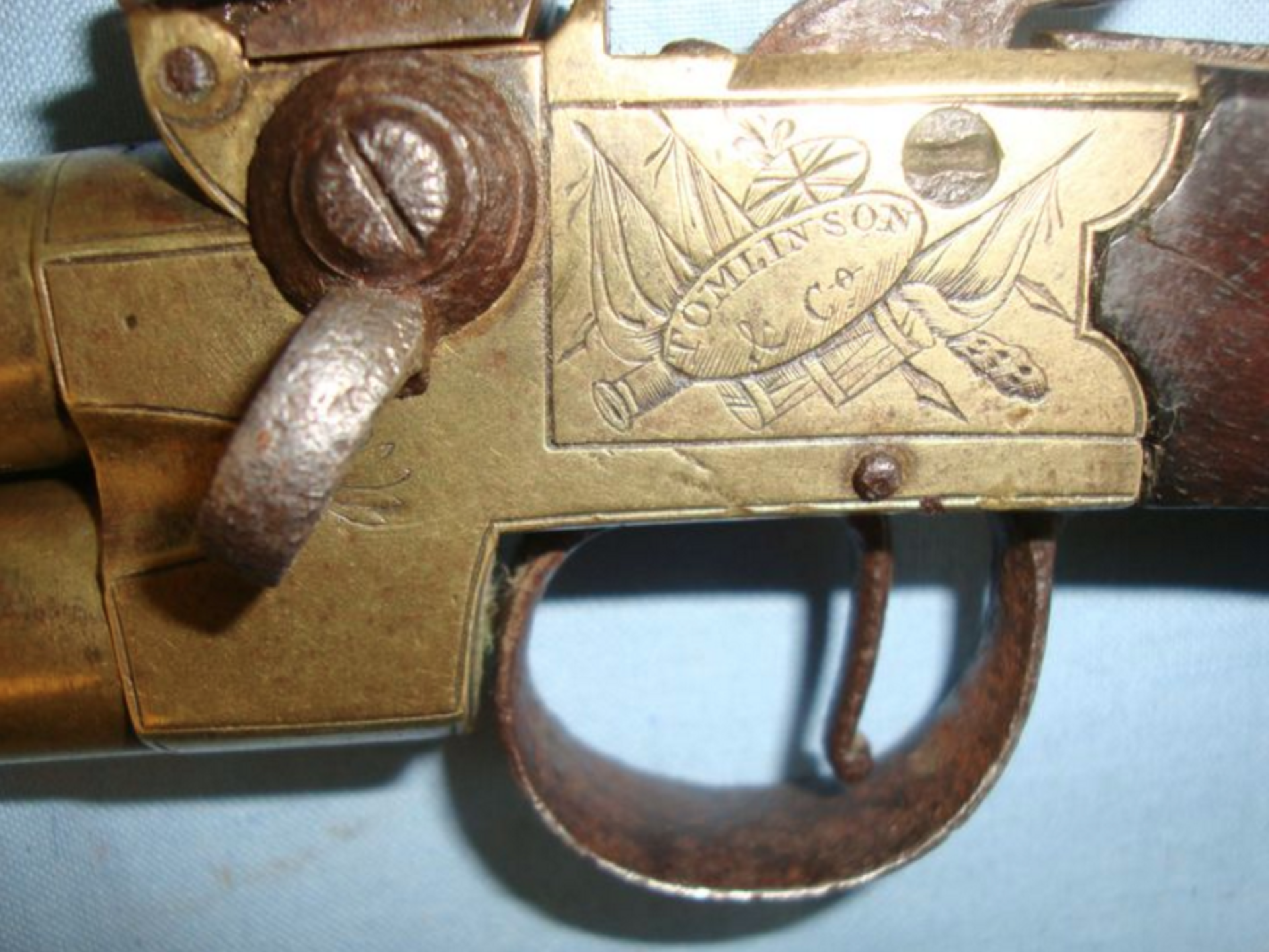 Early 1800's Irish Brass Framed Double Barrel, Over & Under, Tap Action Flintlock Pocket Pistol - Image 3 of 3