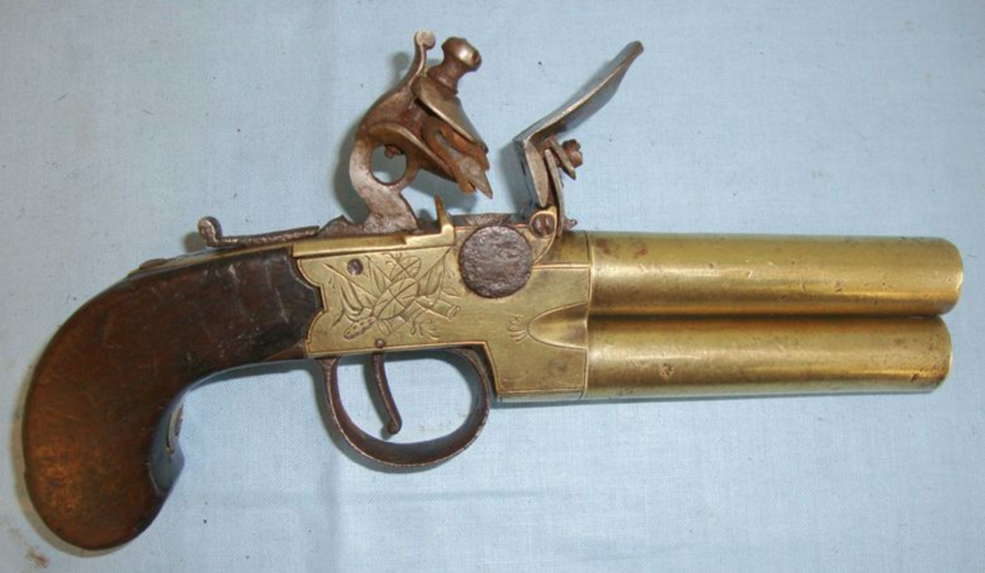 Early 1800's Irish Brass Framed Double Barrel, Over & Under, Tap Action Flintlock Pocket Pistol