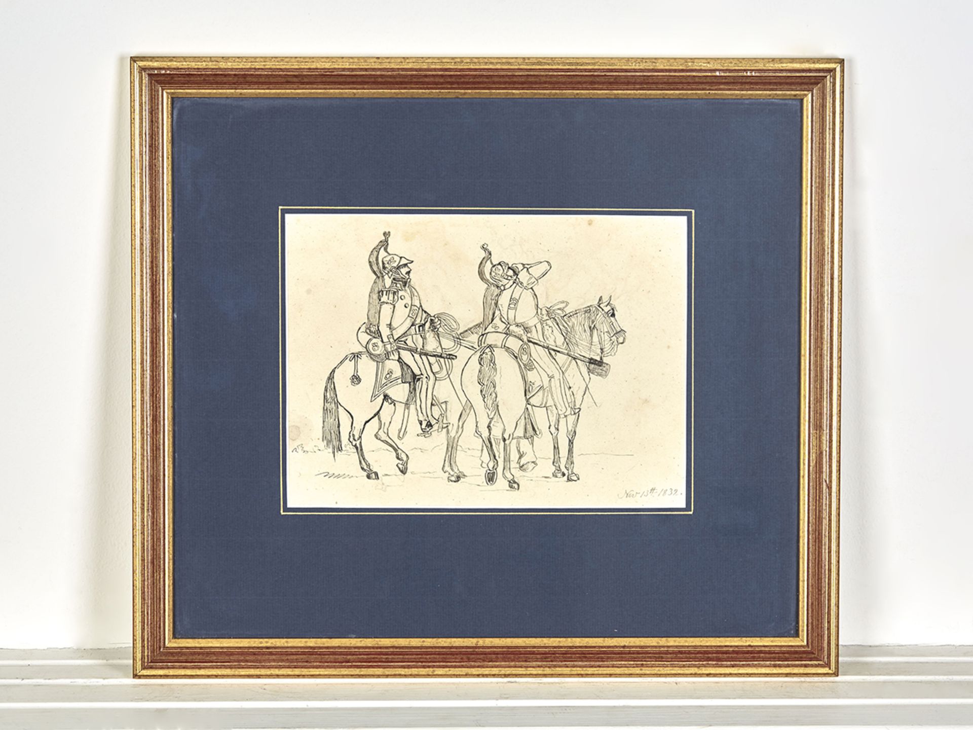 Soldiers On Horseback, Pen And Ink Drawing, 1832