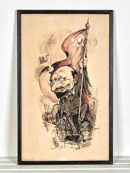 Caricature Of Lenin, Pencil And Watercolour, Signed Gibons