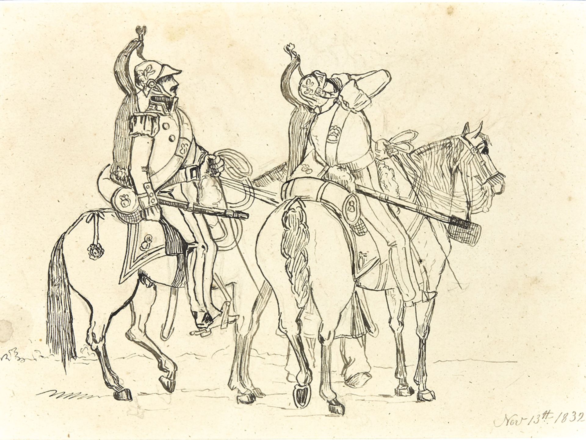 Soldiers On Horseback, Pen And Ink Drawing, 1832 - Image 2 of 4