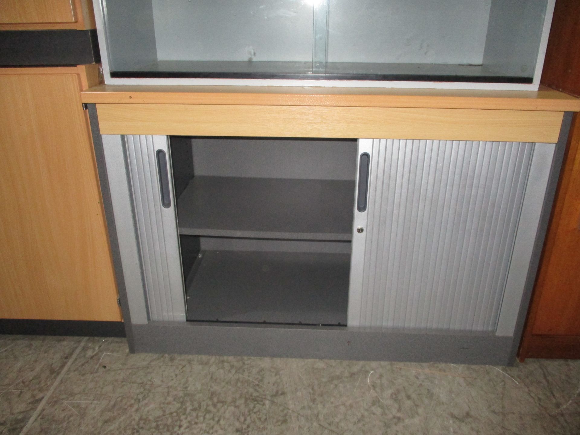Tambour Steel Cupboard With Beech Top