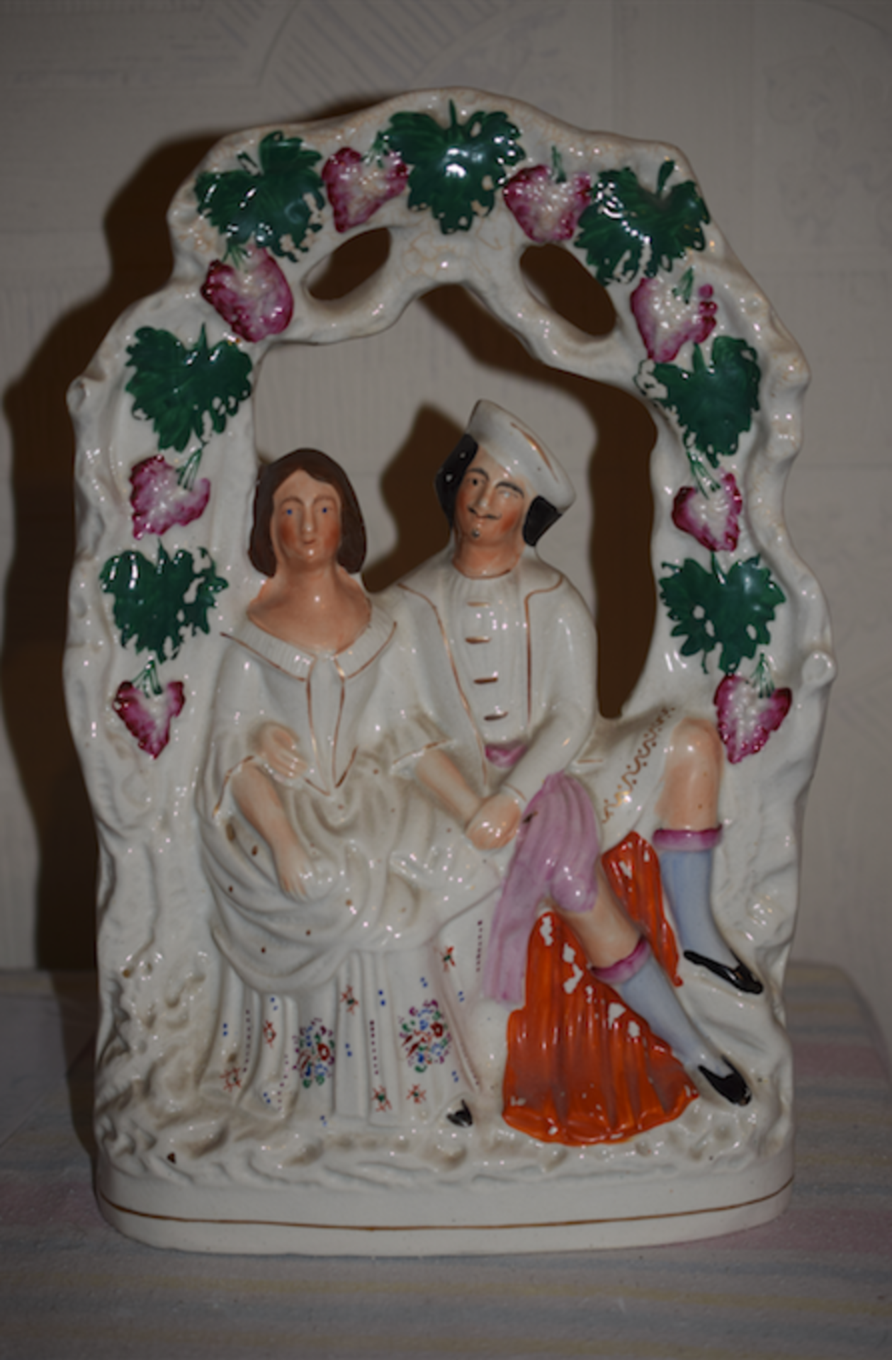 Victorian Staffordshire Flatback Figurine Of Two Lovers Beneath Arbour