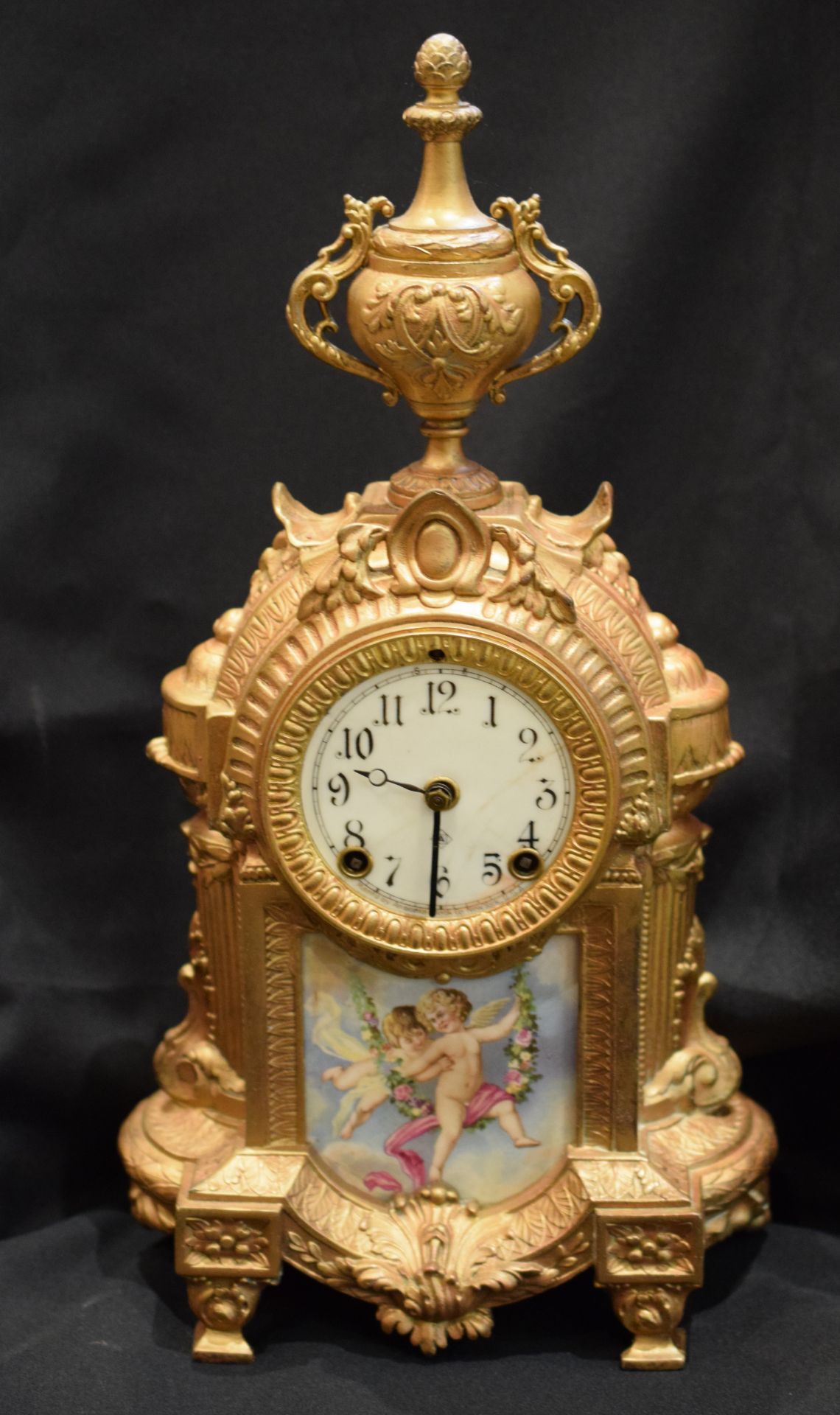 American Brass Gilded Mantel Clock Late 1800s Ansonia With Severes Style Panels