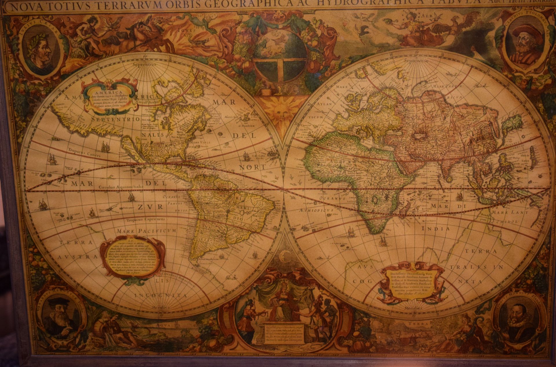 Old World Map On Board Behind Glass NO RESERVE