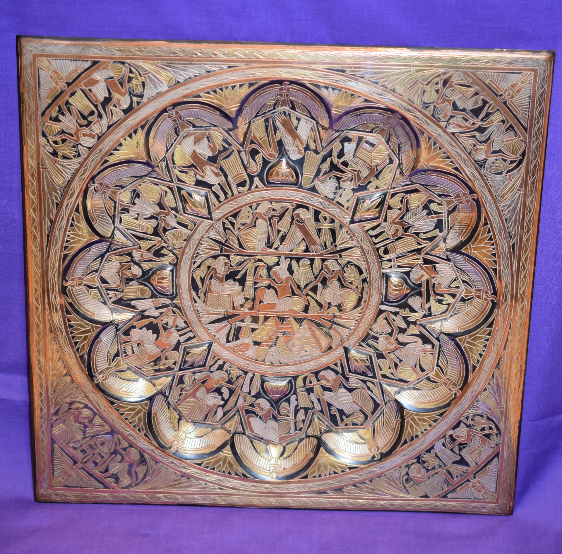 Eastern Beaten Copper Platter With White & Gold Colour Inlay