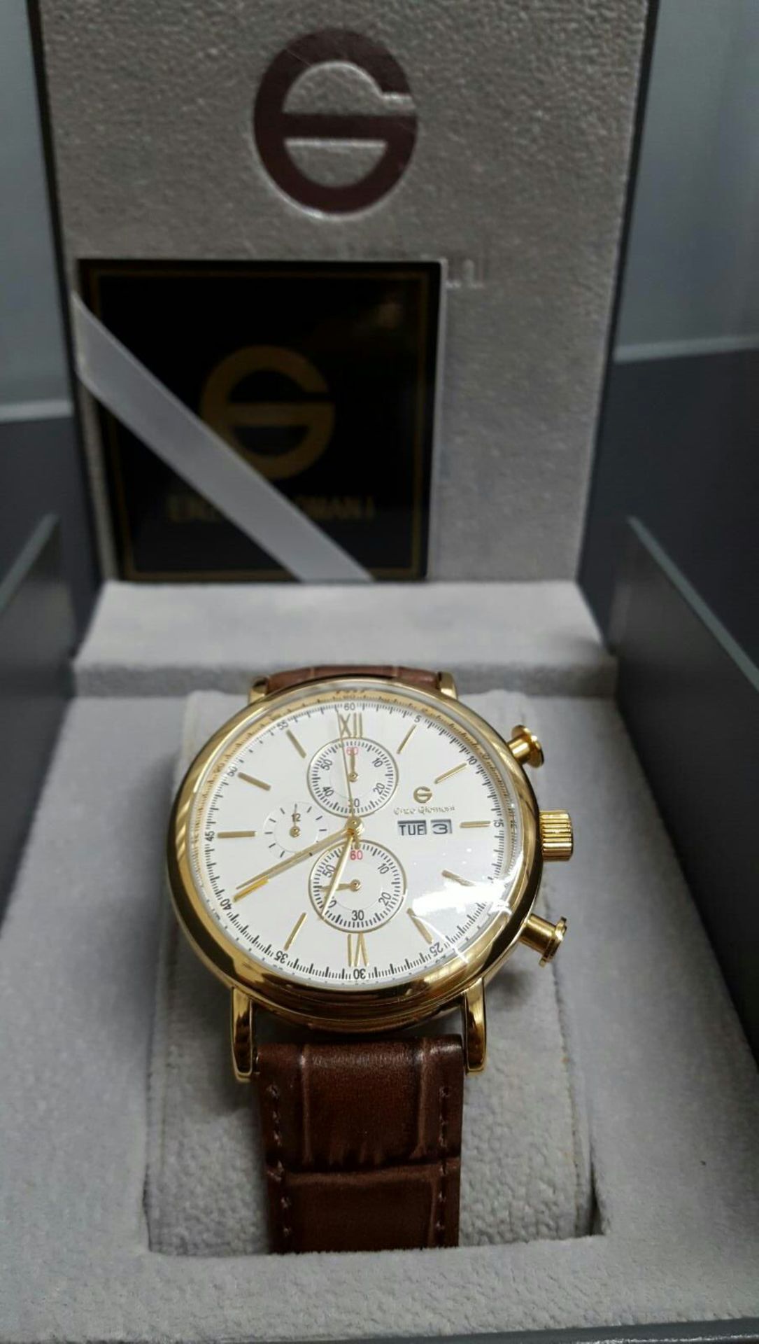 BRAND NEW ENZO GIOMANI EG0024, GENTS GOLD TONE WITH WHITE FACE, BROWN LEATHER STRAP CHRONOGRAPH - Image 2 of 2