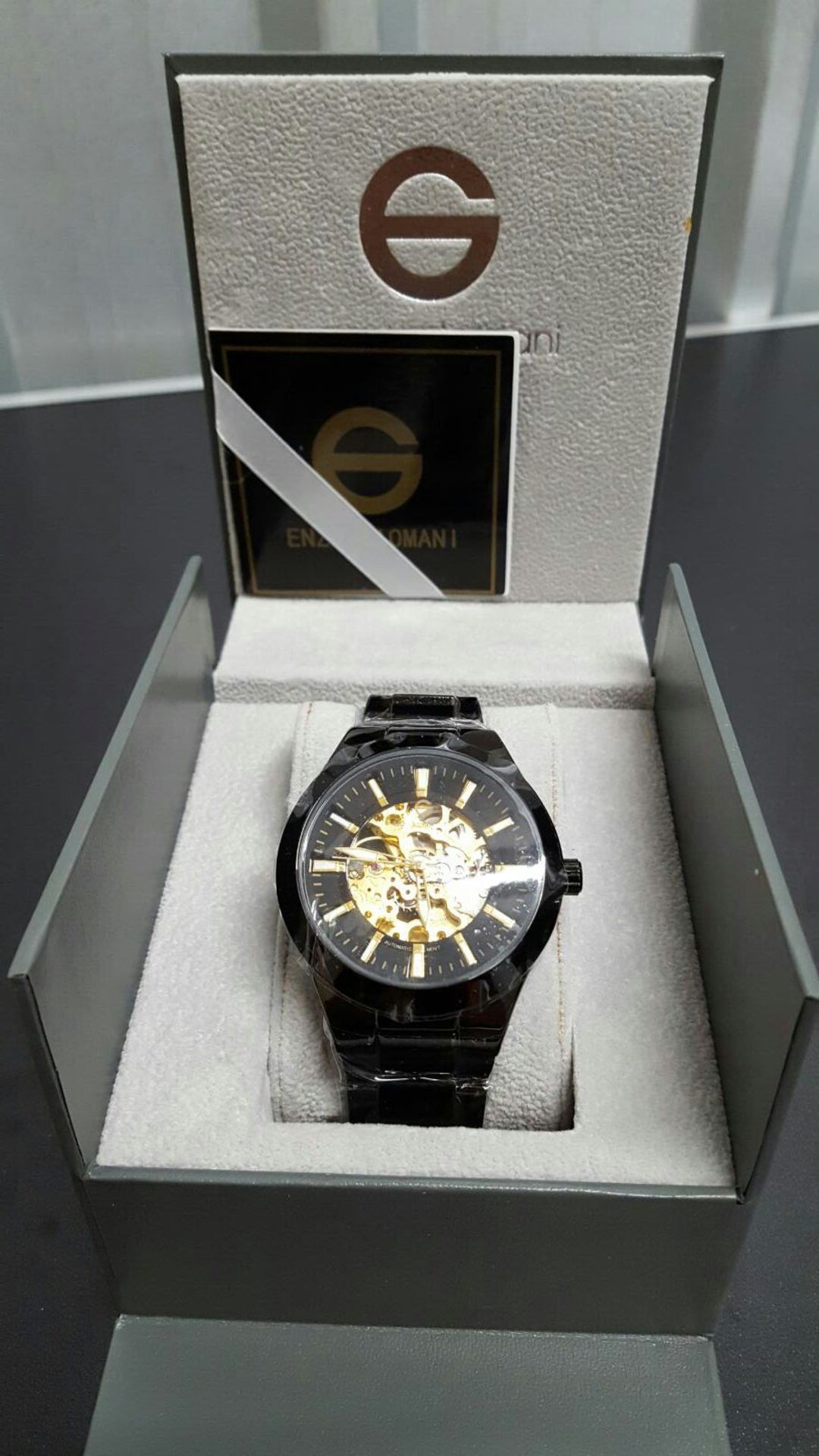 BRAND NEW ENZO GIOMANI EG0021, GENTS BLACK FACE STAINLESS STEEL BRACELET MECHANICO WATCH, COMPLETE - Image 2 of 2
