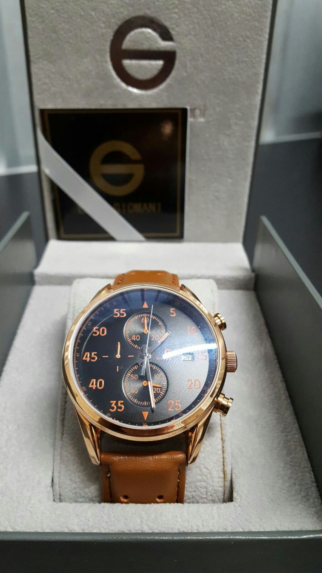 BRAND NEW ENZO GIOMANI EG0027, GENTS ROSE GOLD WITH BLACK FACE, TAN LEATHER STRAP CHRONOGRAPH WATCH, - Image 2 of 2