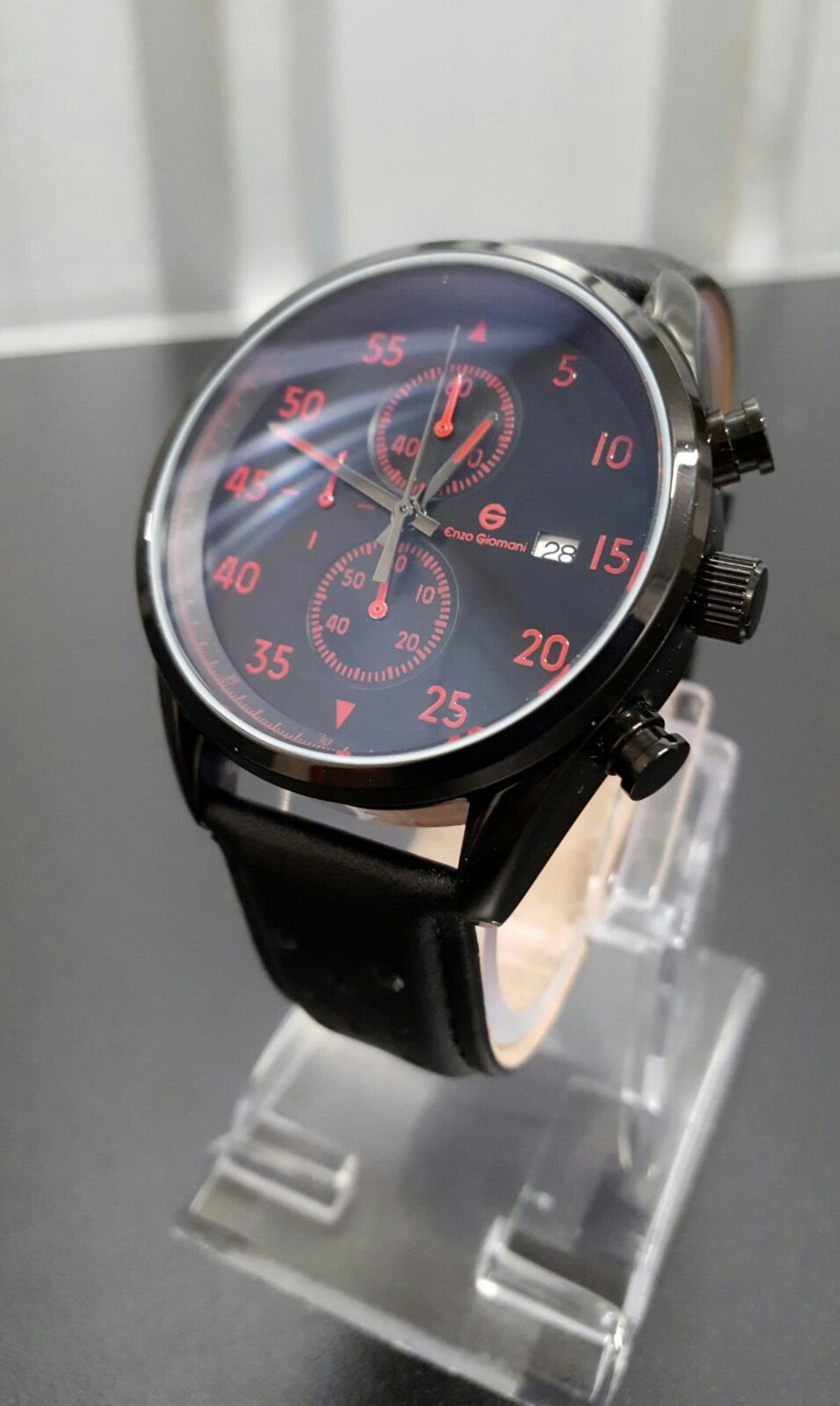 BRAND NEW ENZO GIOMANI EG0027, GENTS BLACK FACE, BLACK LEATHER STRAP CHRONOGRAPH WATCH, COMPLETE