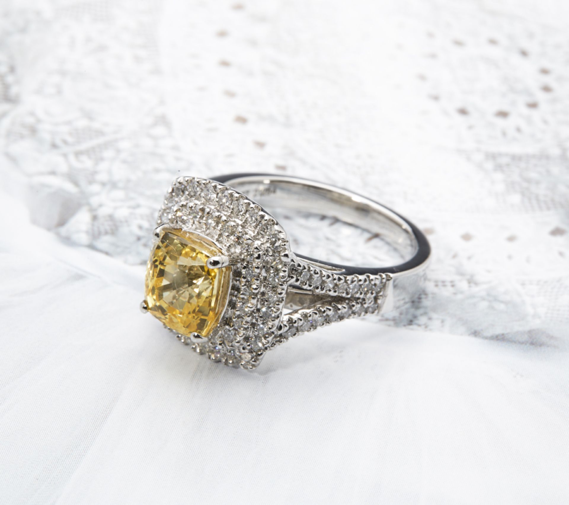 Platinum Cushion Cut 3.56ct Yellow Sapphire & 0.85ct Diamond Ring