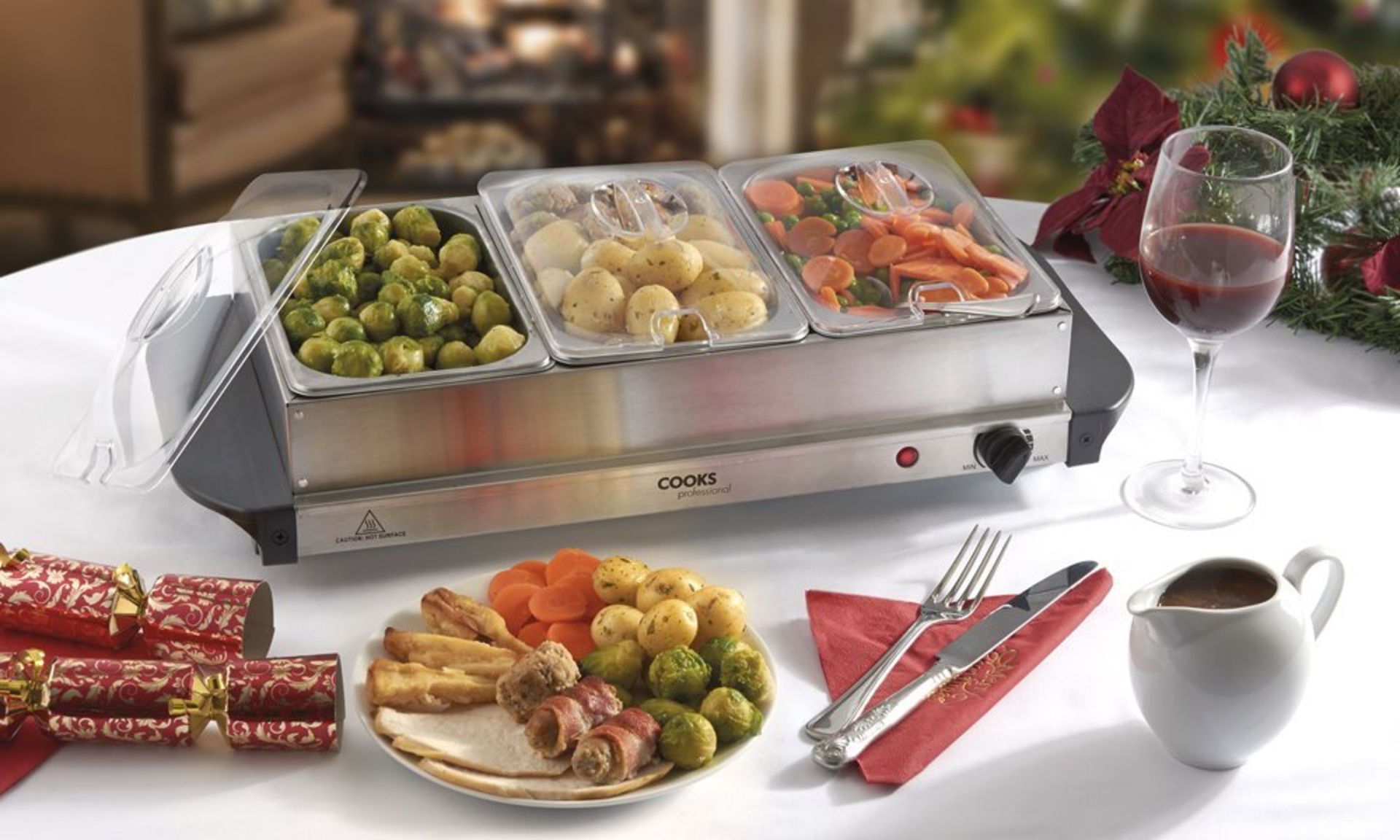 Cooks Professional 3 Section Buffet Warmer Hotplate BBQ Christmas Event Warming Hostess Tray with - Image 2 of 3