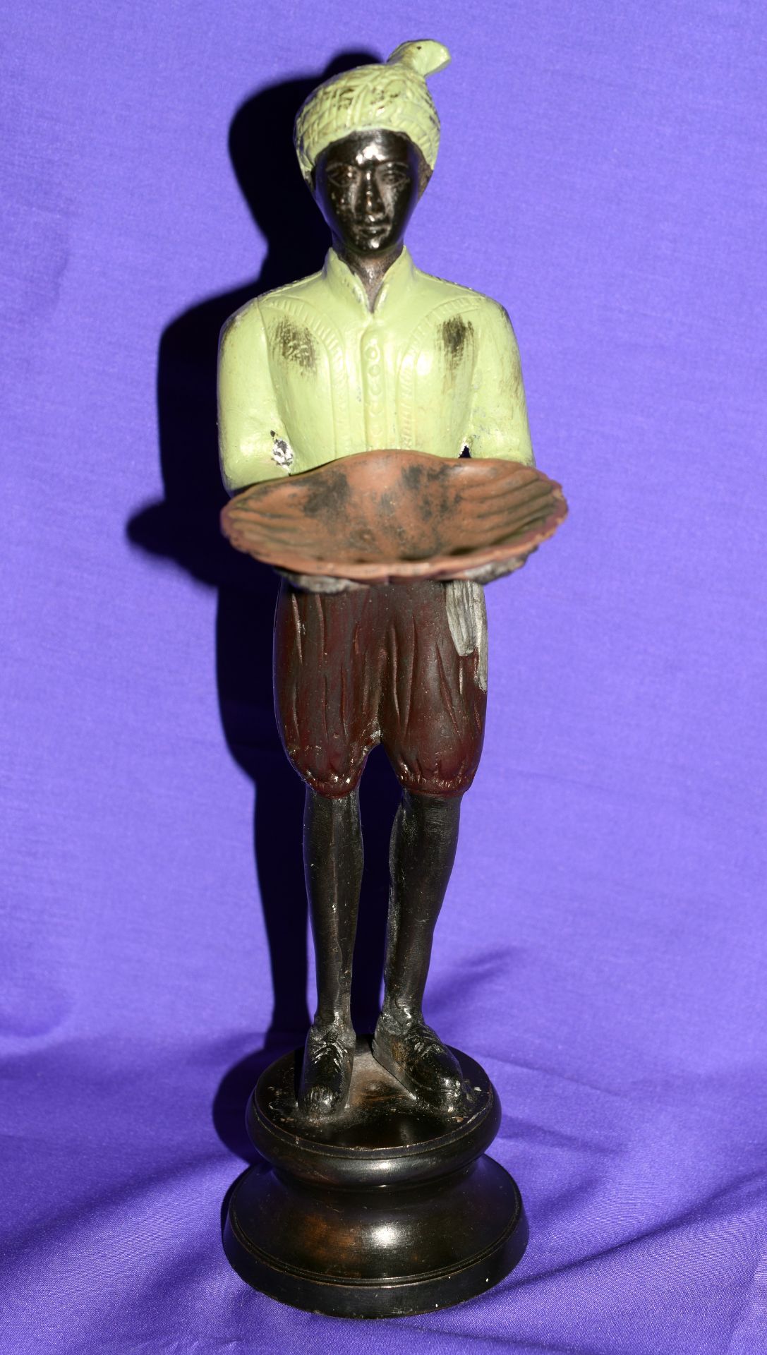 Bronze Cold Painted Figure Of An Eastern Male (Siamese?) Hold A Shell As Tray