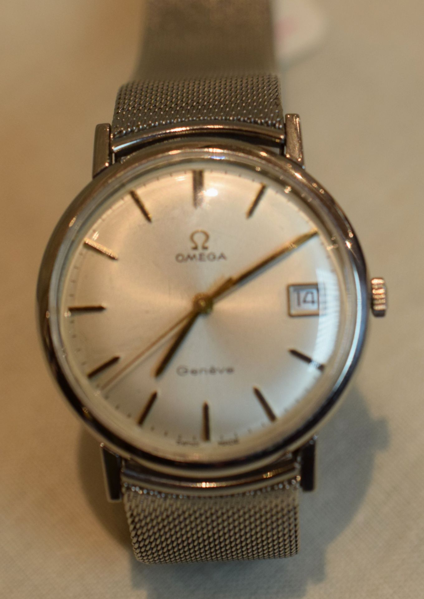 Omega Stainless Steel Case Geneve On Beautiful Milanese Bracelet c1960s/70s