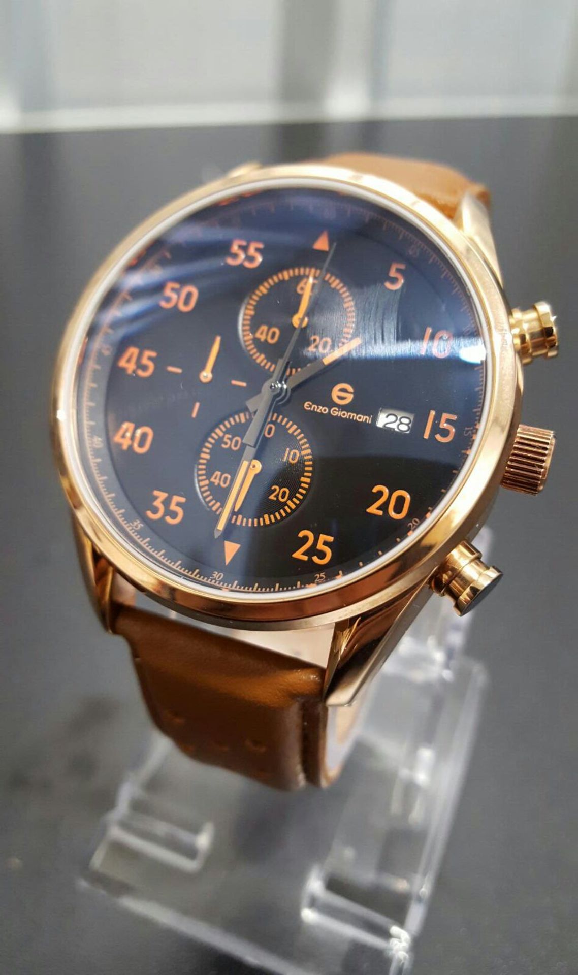 BRAND NEW ENZO GIOMANI EG0027, GENTS ROSE GOLD WITH BLACK FACE, TAN LEATHER STRAP CHRONOGRAPH WATCH,
