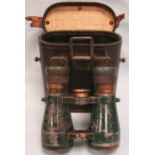 WW1 German Pair of Officer's P08 Binoculars by Emil Busch with Original Green Paint and Case