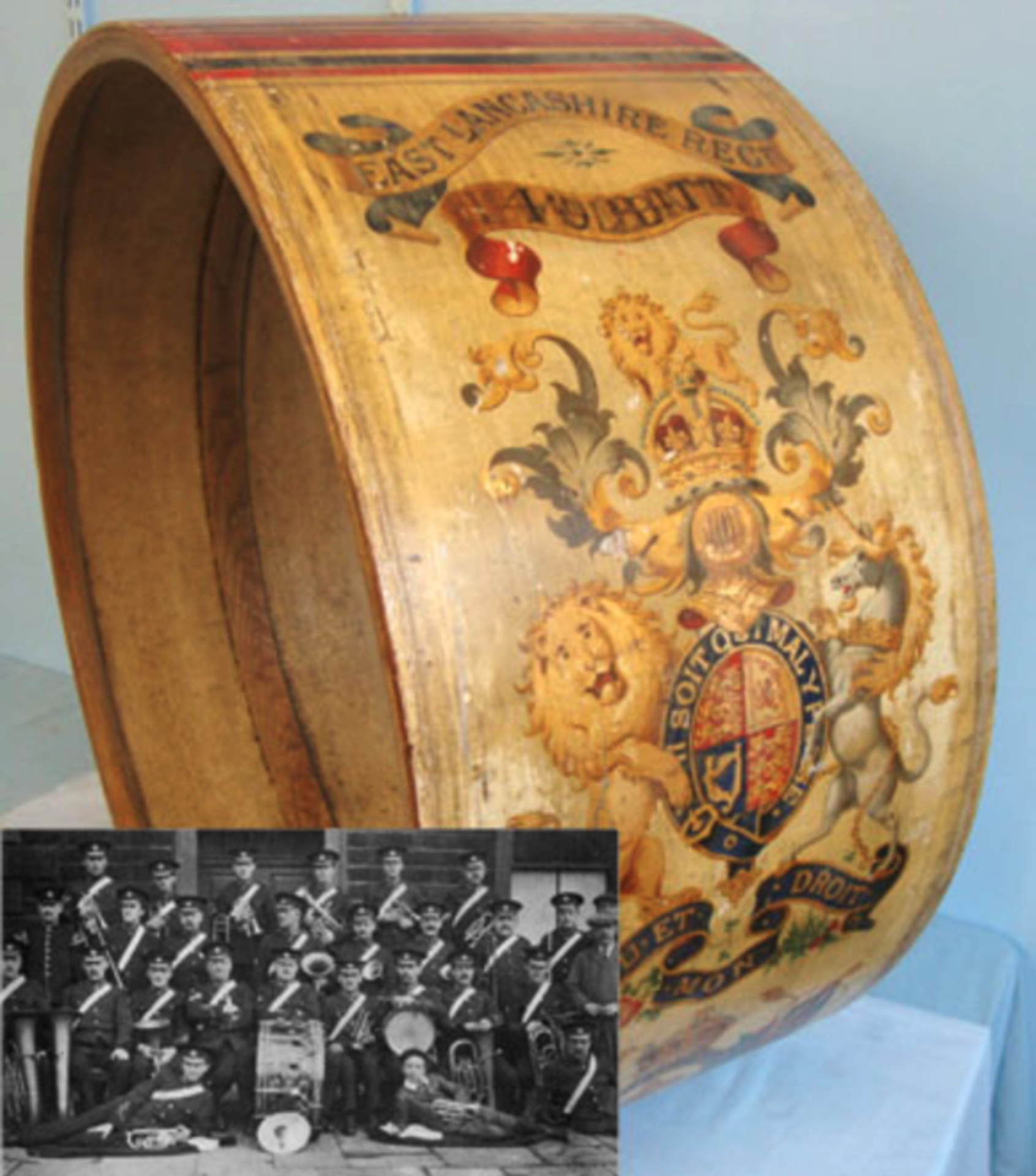 WW1 Large Kings Crown Hand Painted Military Band Bass Drum To The East Lancashire 'Old Pals'