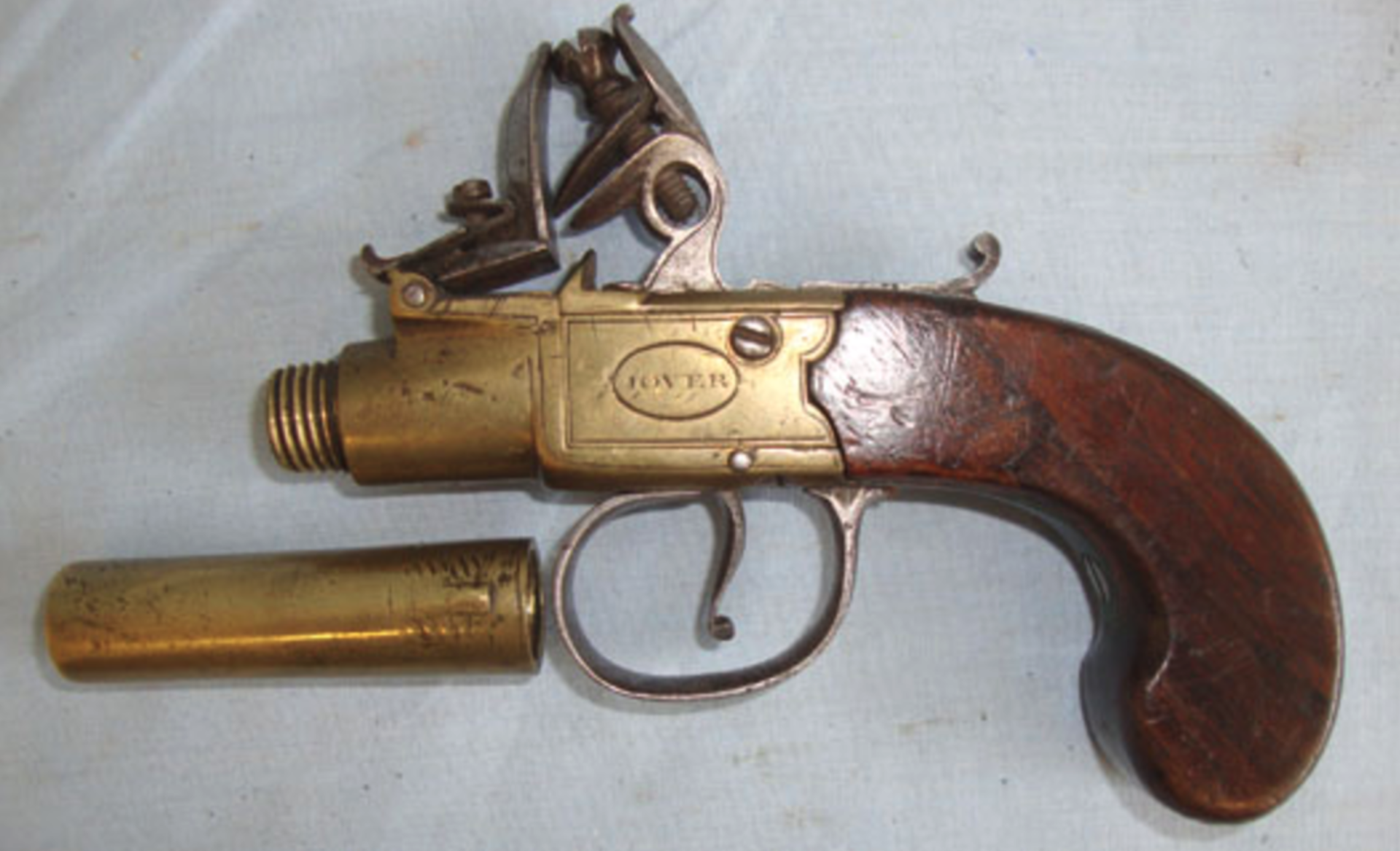 1805-1808 Brass 80 Bore Brass Flintlock Pocket Pistol By Mary Jover London With Screw Off Barrel - Image 2 of 3