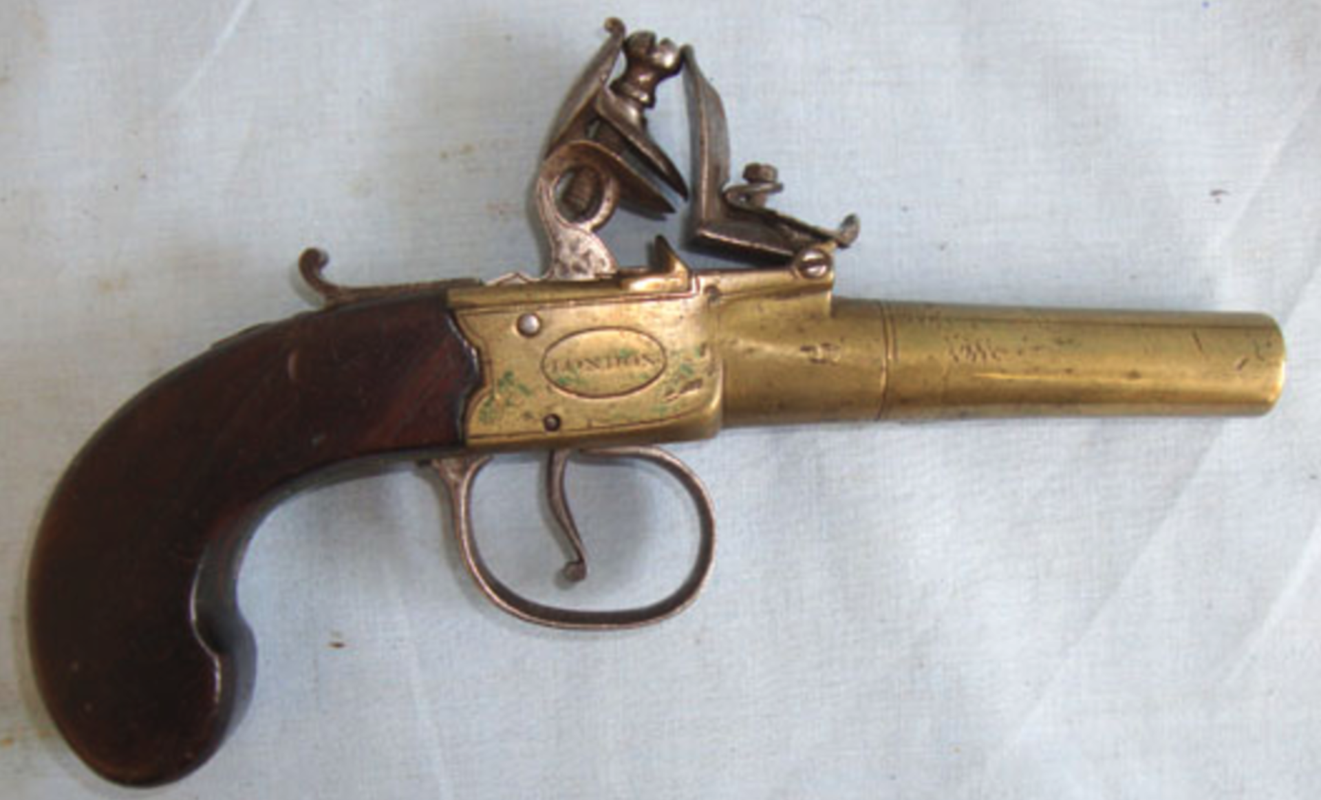 1805-1808 Brass 80 Bore Brass Flintlock Pocket Pistol By Mary Jover London With Screw Off Barrel