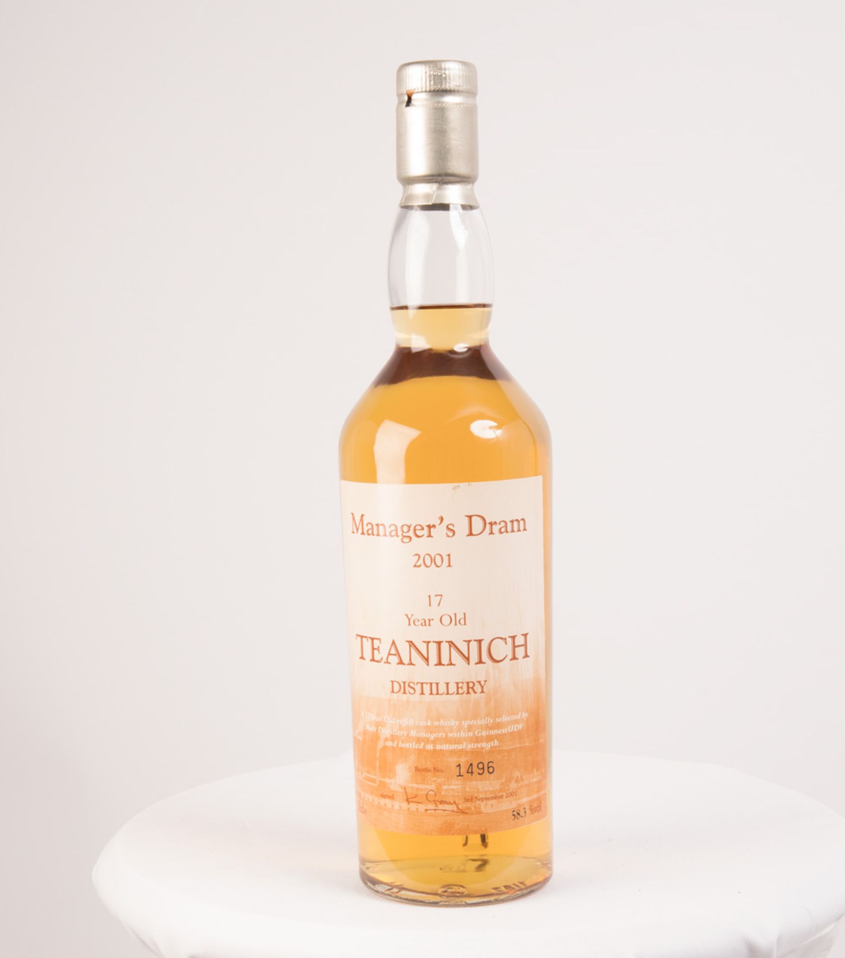 TEANINCH 17 YEAR OLD MANAGER'S DRAM Cask strength single Highland malt Scotch whisky. Specially