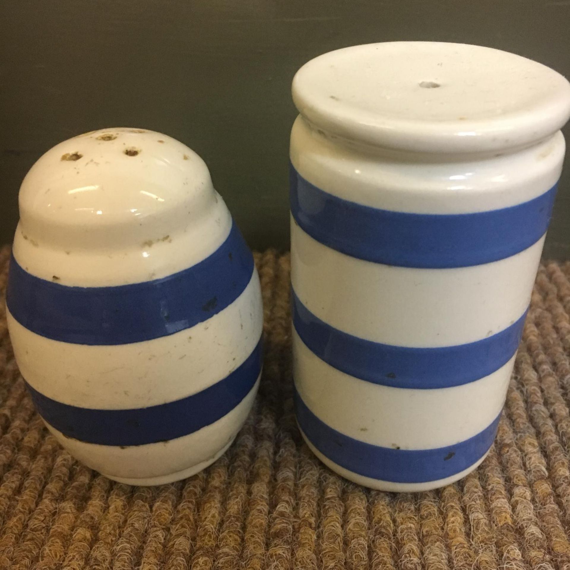 Blue and White Striped Salt and Pepper Pots