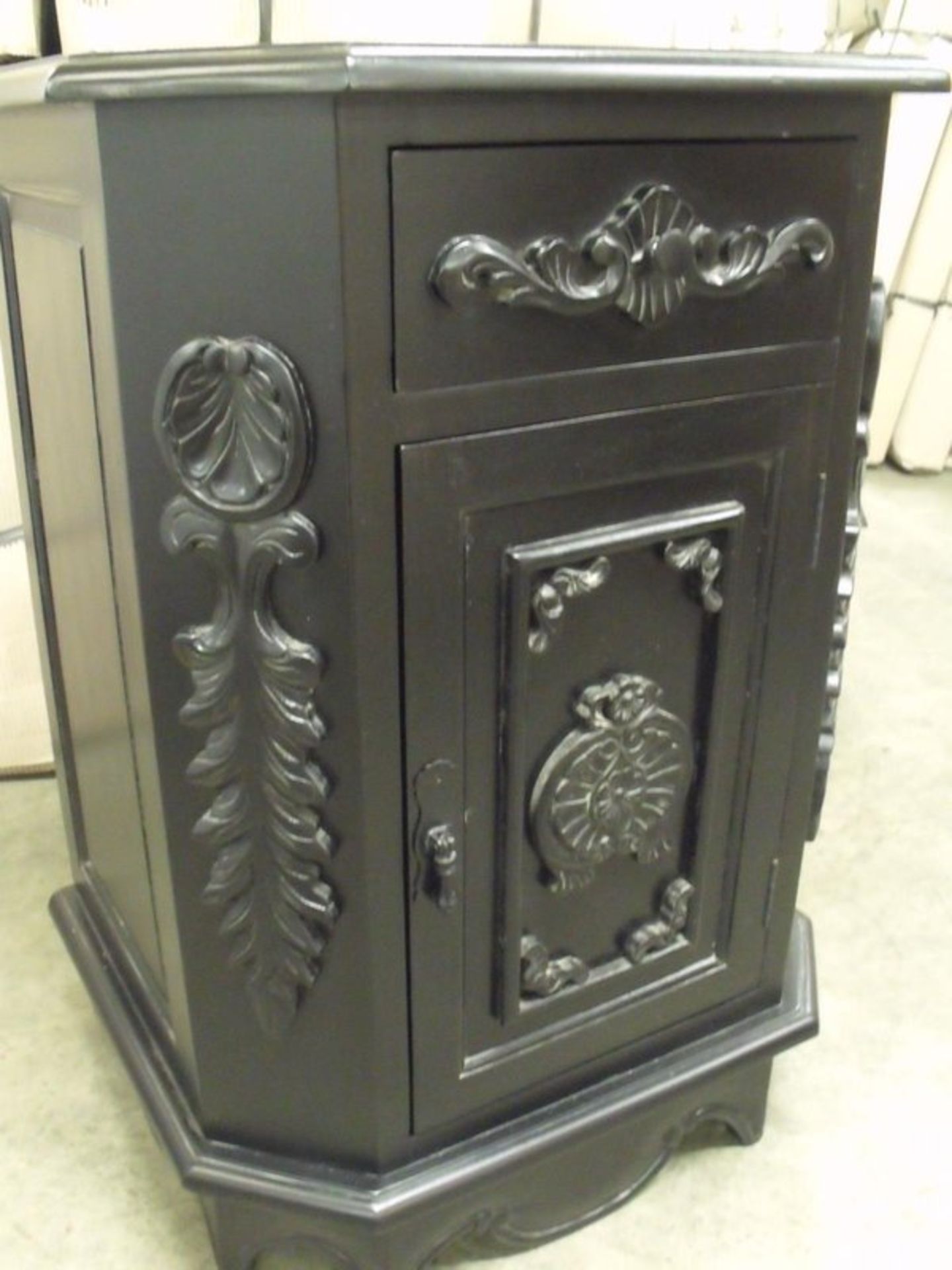 Baroque Bedside Cabinet in satin Black Description Compliments the Baroque ranges of Beds Heavily