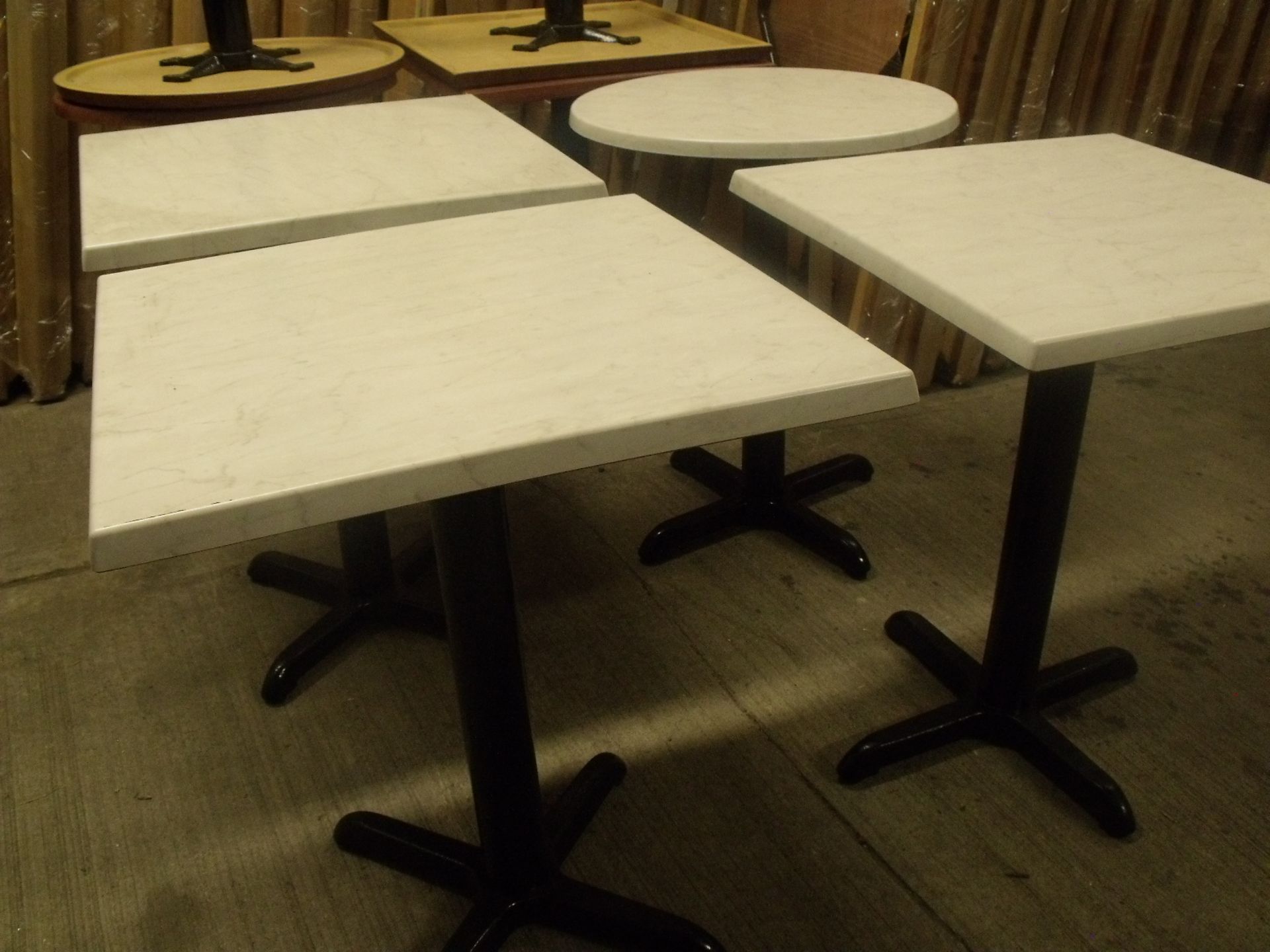 4 x bistro / café tables werzalit tops white marble 1x 600mm round and 3 x 600mm square with black