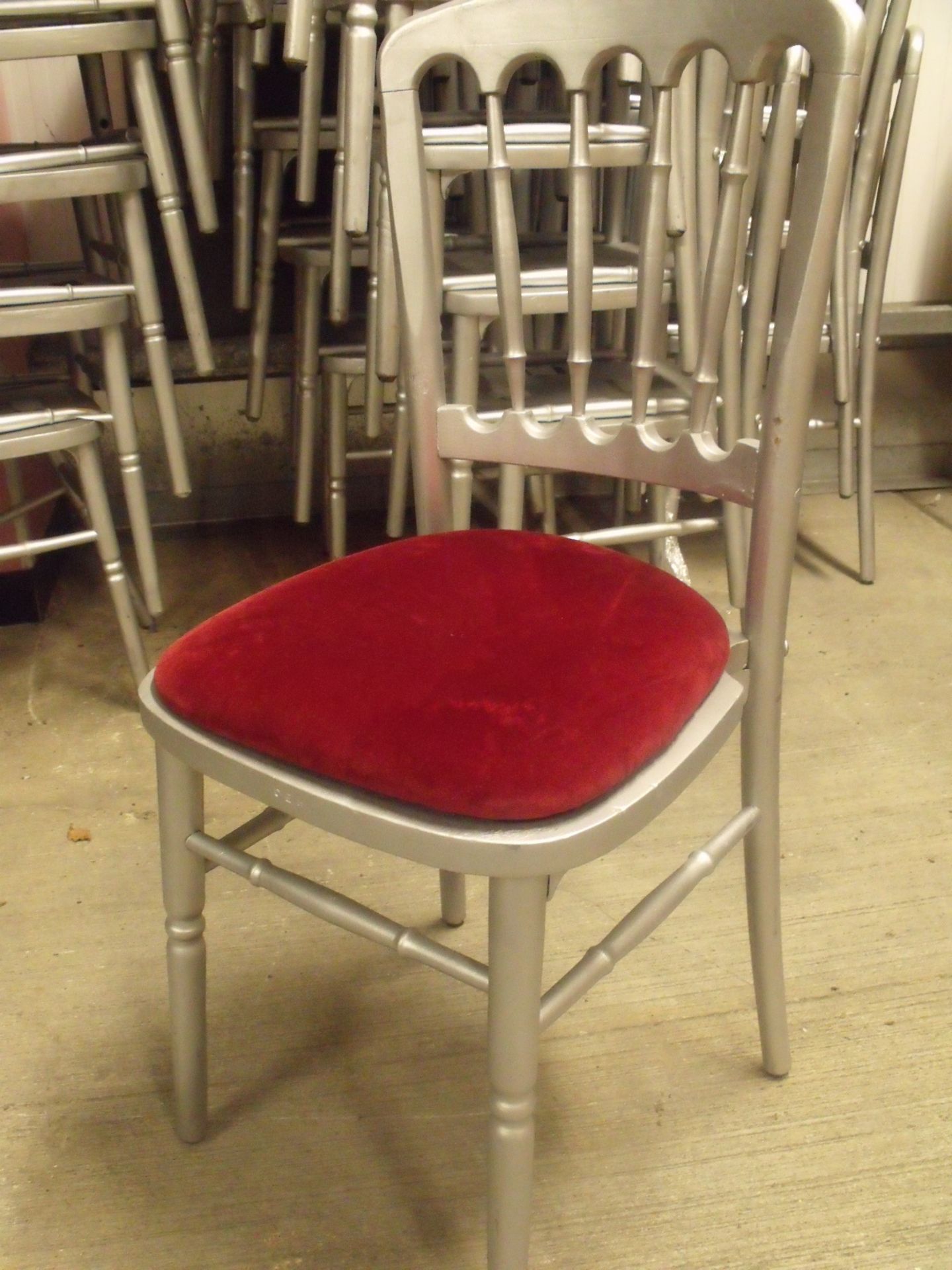 30 x Stacking Silver Cheltenham style wooden banqueting chairs burgundy velour Velcro seat pad