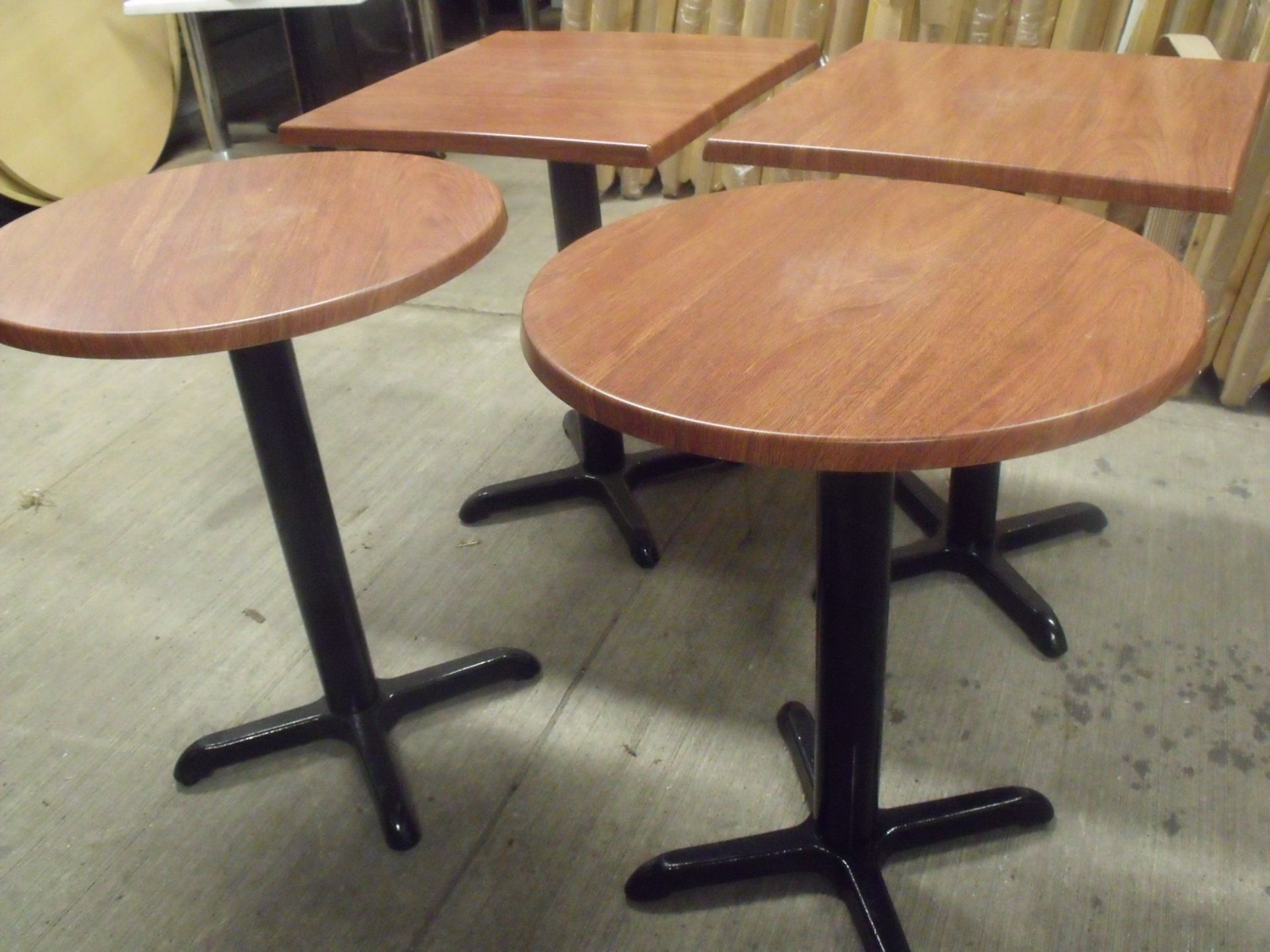 4 x bistro / café tables werzalit tops 2 x 600mm round and 2 x 600mm square with black cast iron