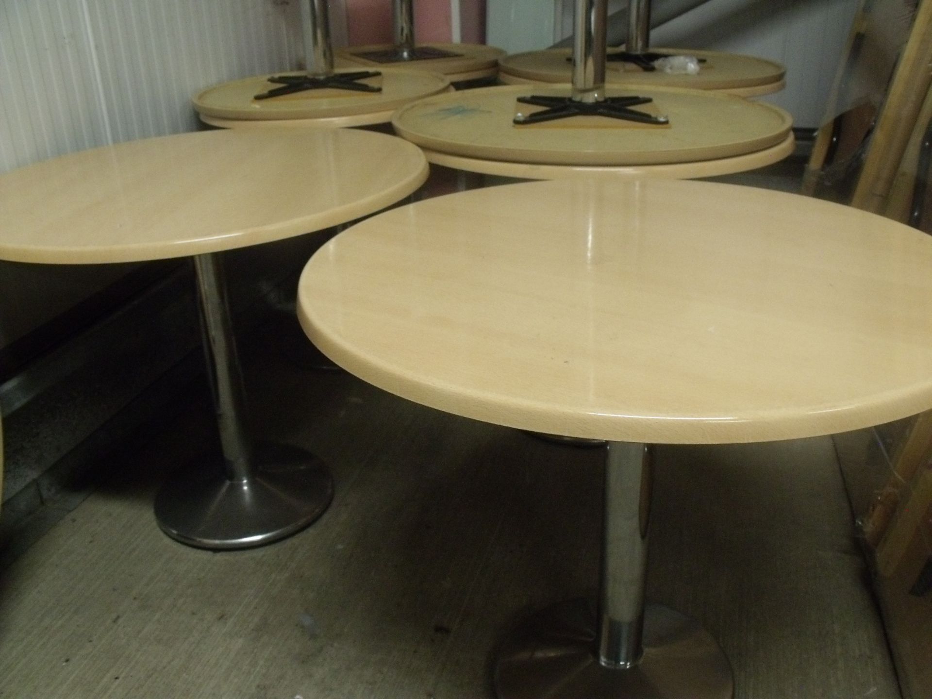 11 x bistro / café tables werzalit tops in beech 7 x 900mm round and 4 x 700mm round all with chrome - Image 2 of 2