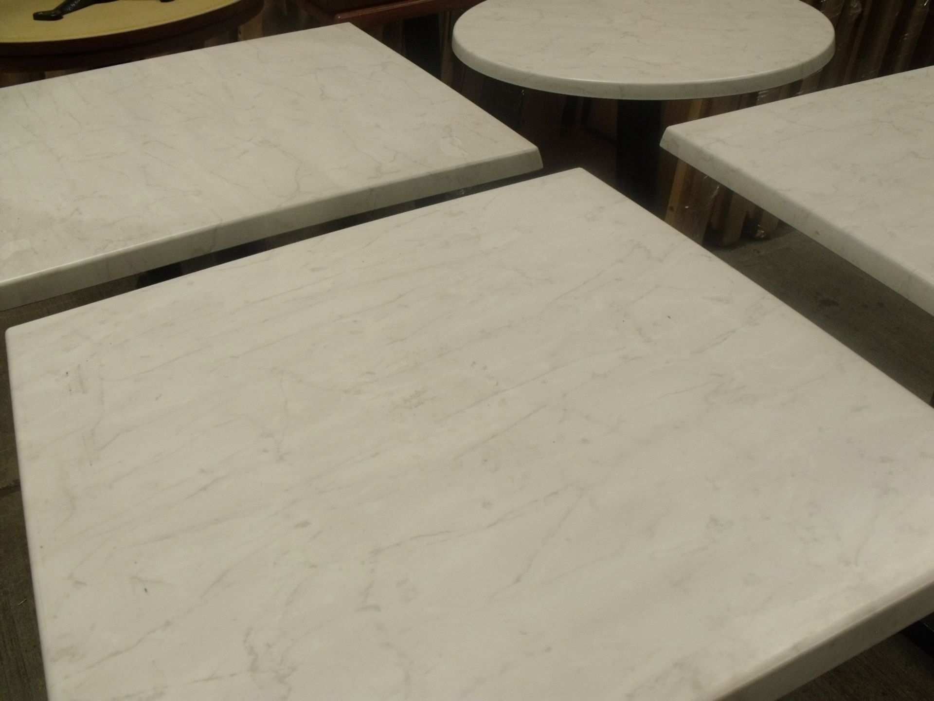 4 x bistro / café tables werzalit tops white marble 1x 600mm round and 3 x 600mm square with black - Image 2 of 2