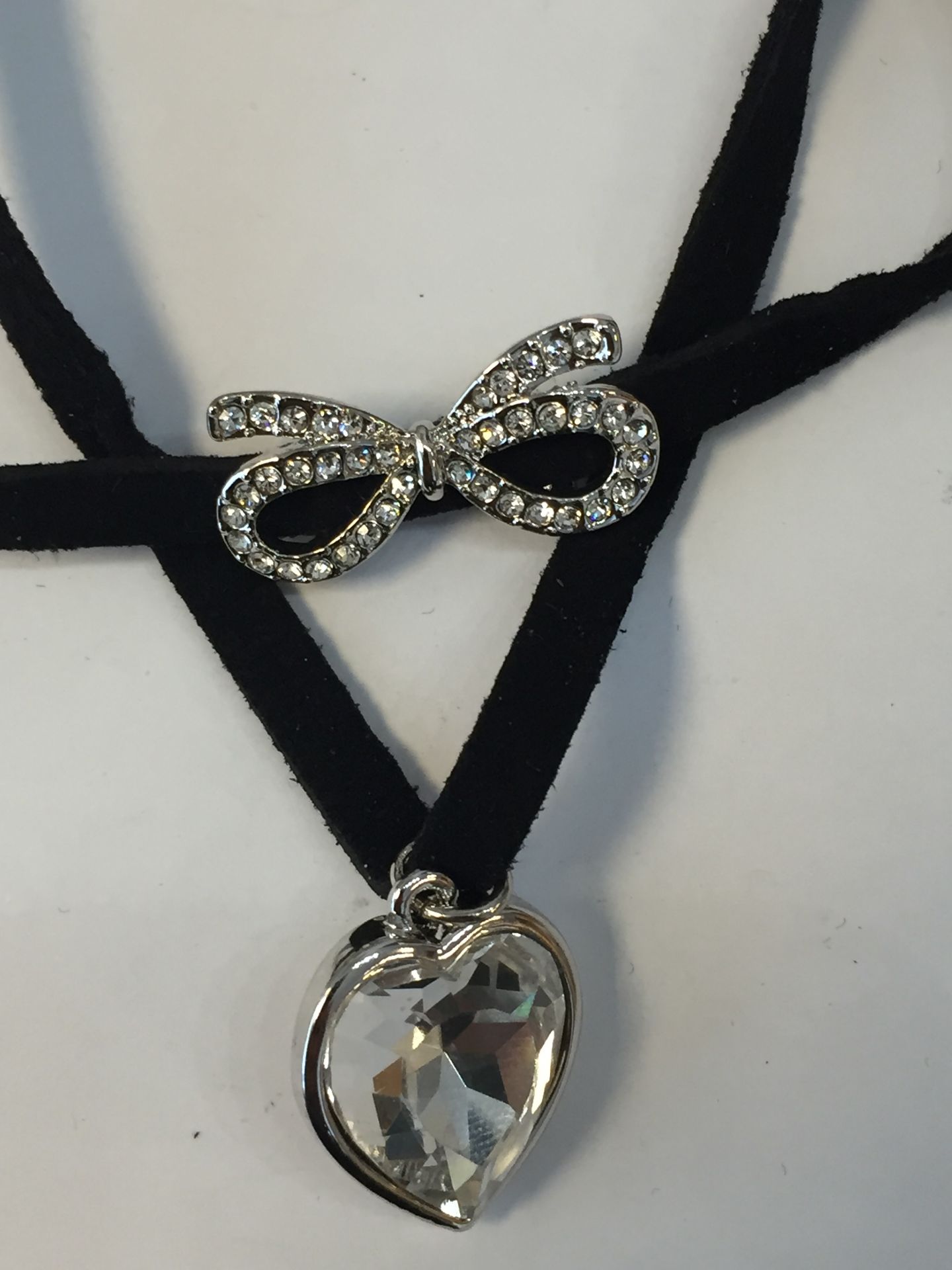 Black Ribbon With White Stone Heart & Bow Pendant - Image 2 of 2
