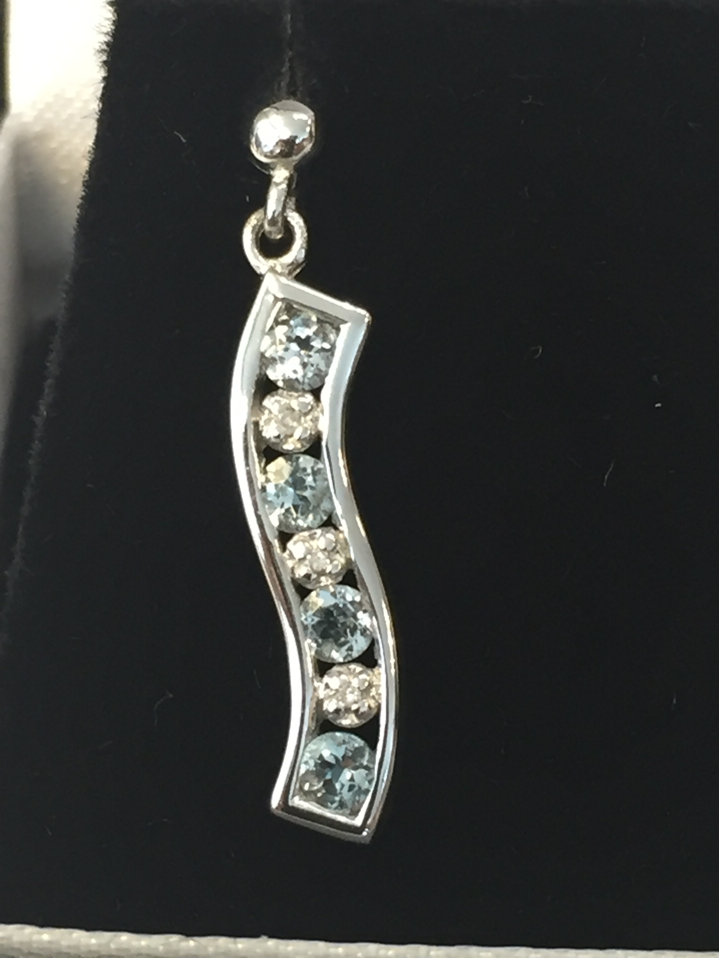 WM Diamond and Aquamarine wavey drop earrings - Image 2 of 2