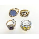 Set of 4 gemset rings inc 1 x 9k Ring