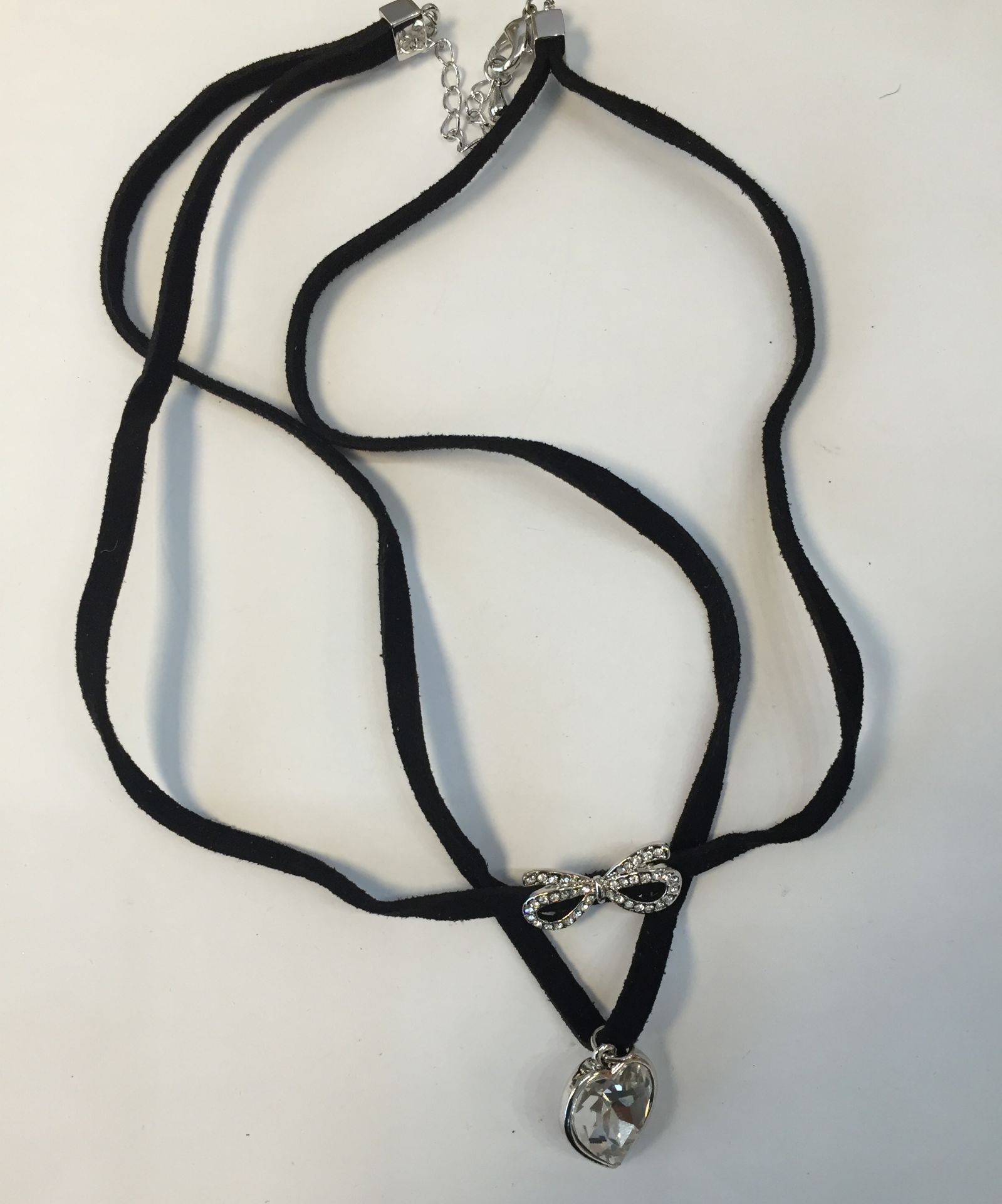 Black Ribbon With White Stone Heart & Bow Pendant